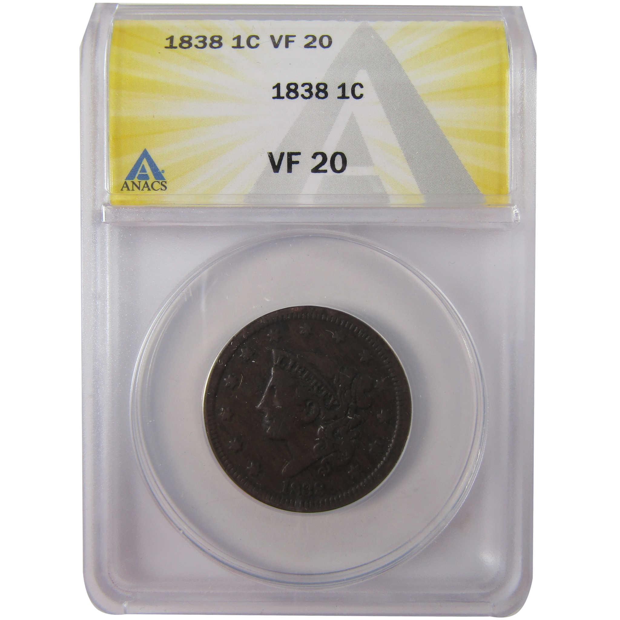 1838 Coronet Head Copper Large Cent VF 20 ANACS Penny SKU:I25624
