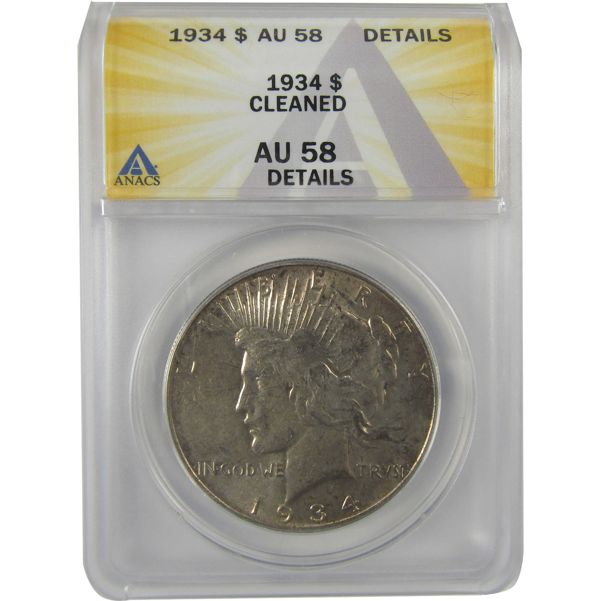 1934 Peace Dollar AU 58 Details ANACS Silver $1 Coin SKU:I21545