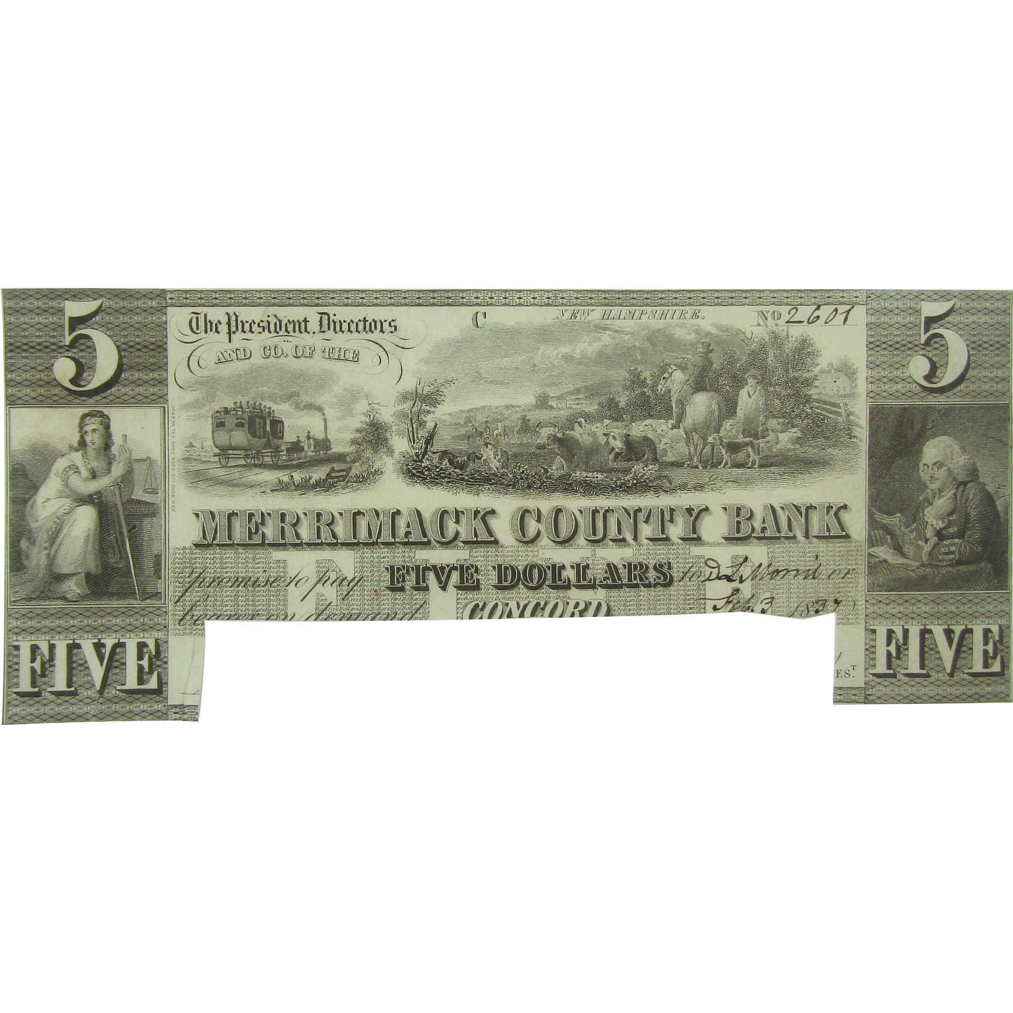 $5 Merrimack County Bank NH Obsolete Note Circulated Cut Canceled