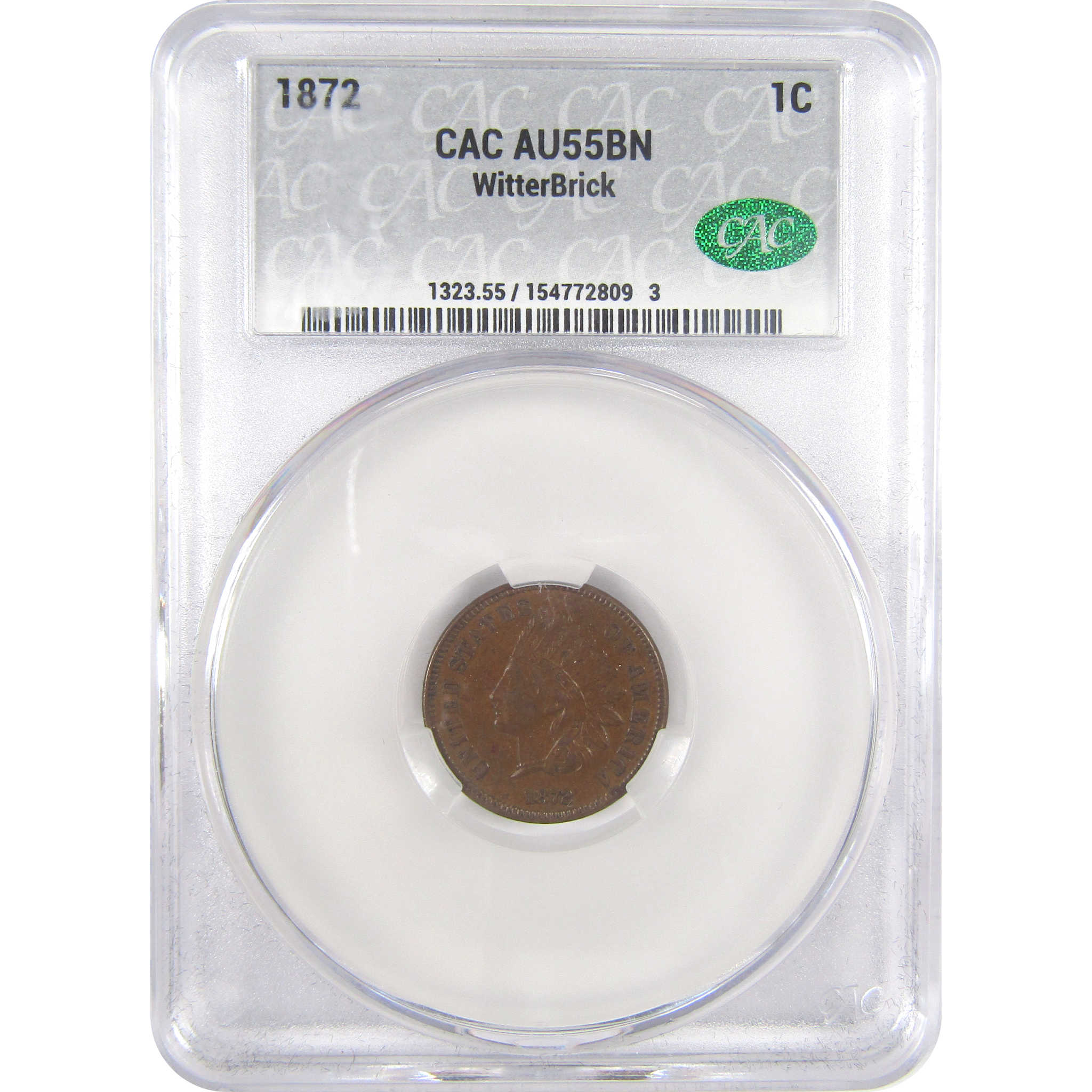 1872 Indian Head Cent AU 55 BN CAC Penny 1c Coin SKU:I17406