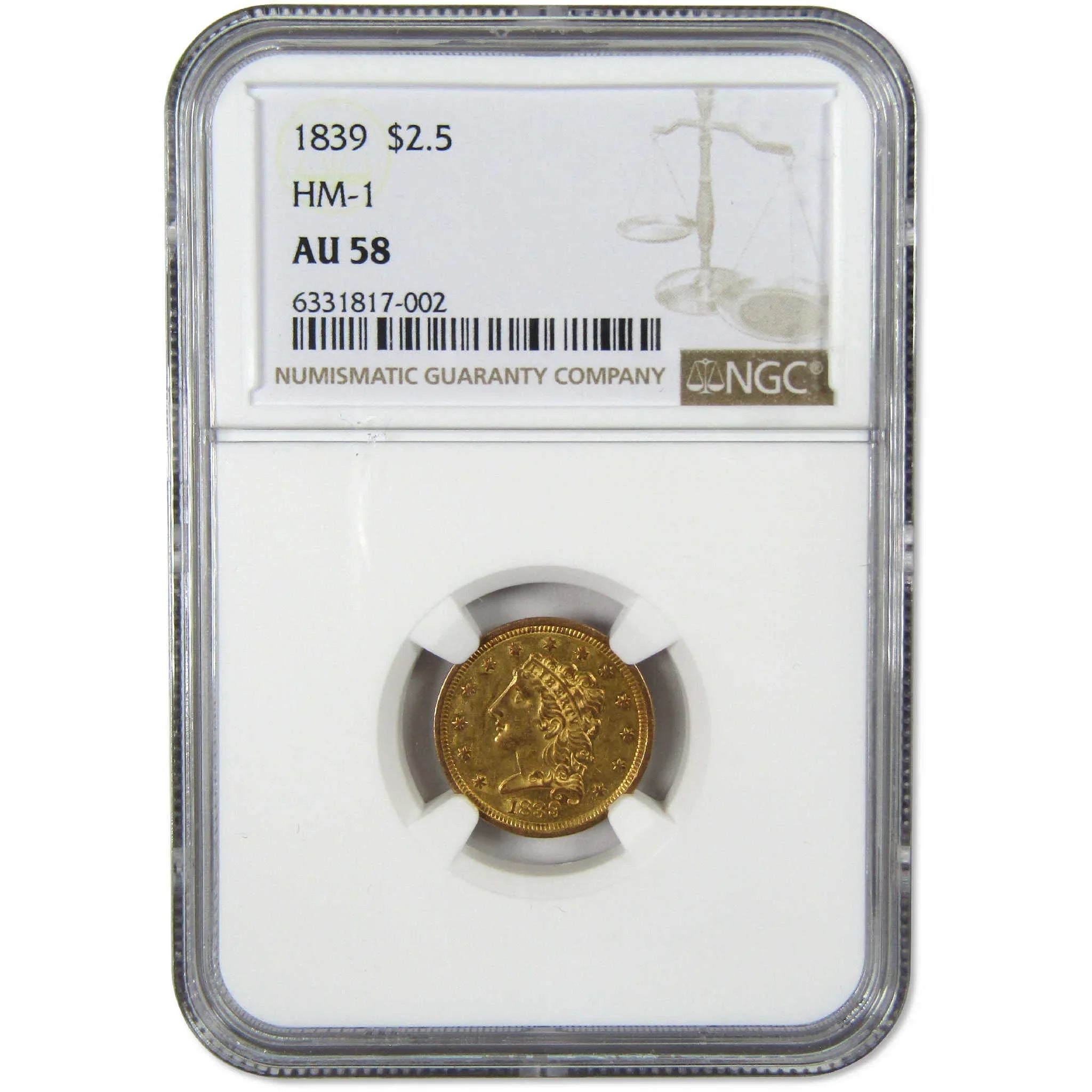 1839 Classic Head Gold $2.50 Quarter Eagle AU 58 NGC Coin Collectible