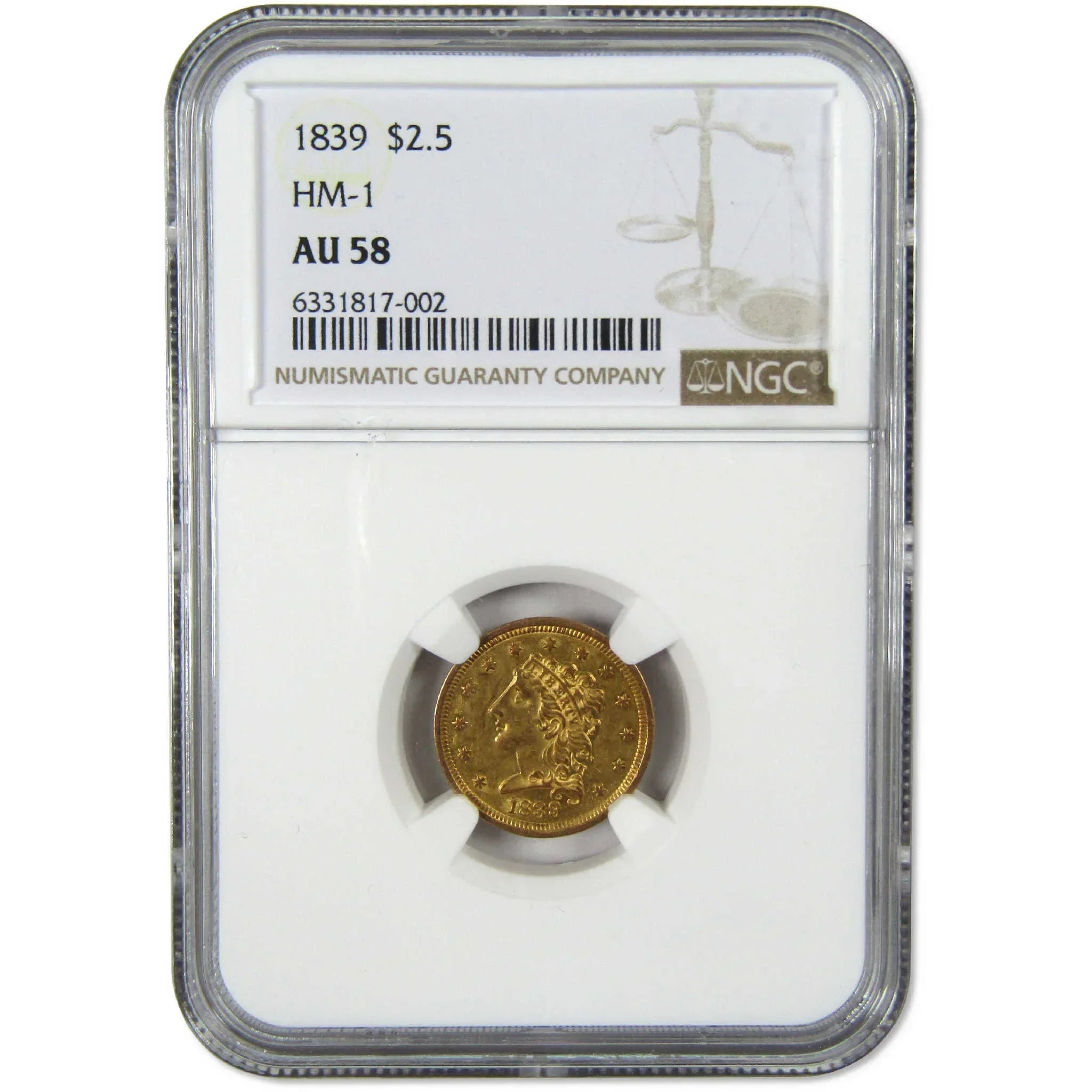 1839 Classic Head Gold $2.50 Quarter Eagle AU 58 NGC Coin Collectible