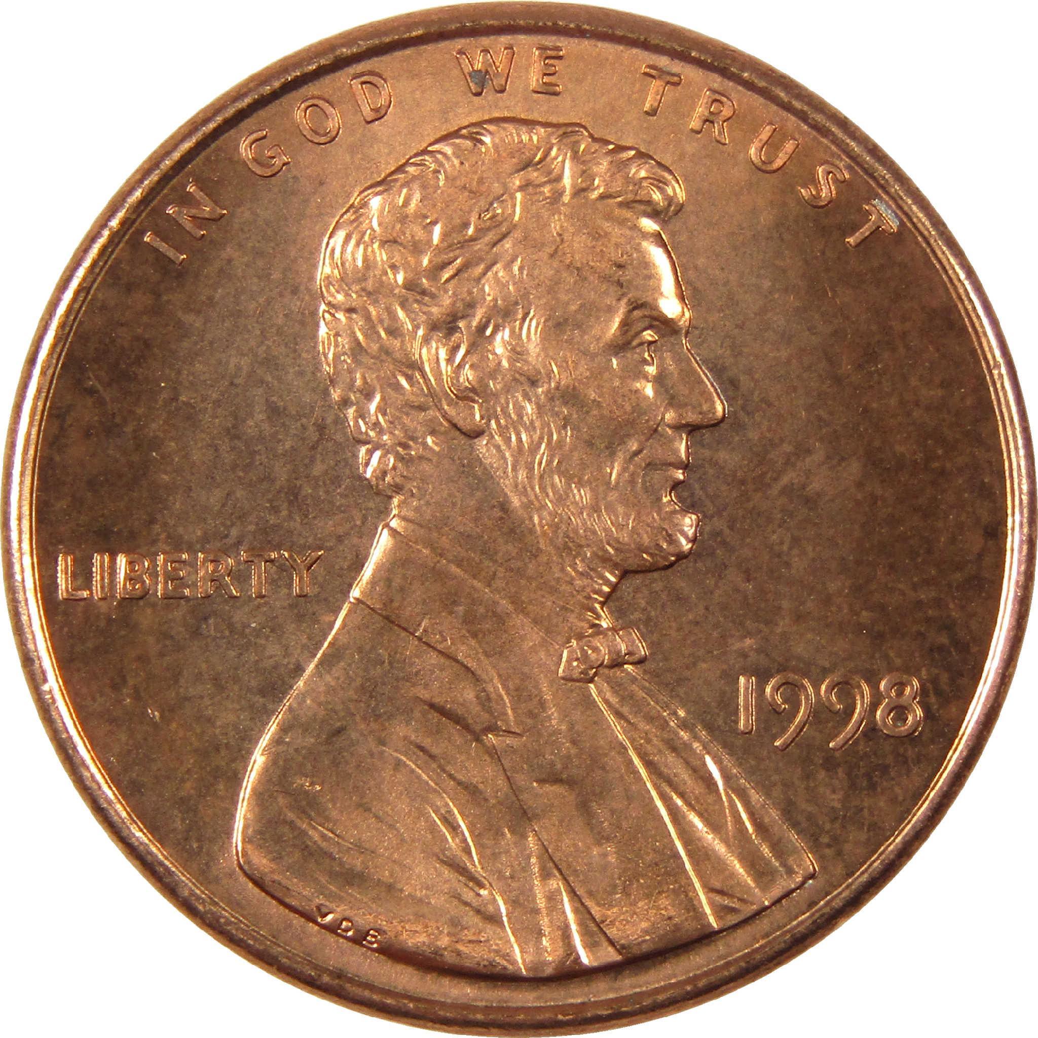 1998 Lincoln penny collectible coin closeup, copper coin with Liberty and In God We Trust text