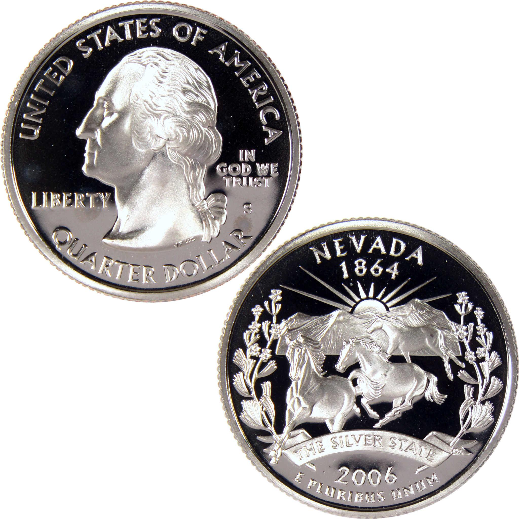 2006 Nevada state quarter dollar coin, collectible US currency with wild horses and mountains.