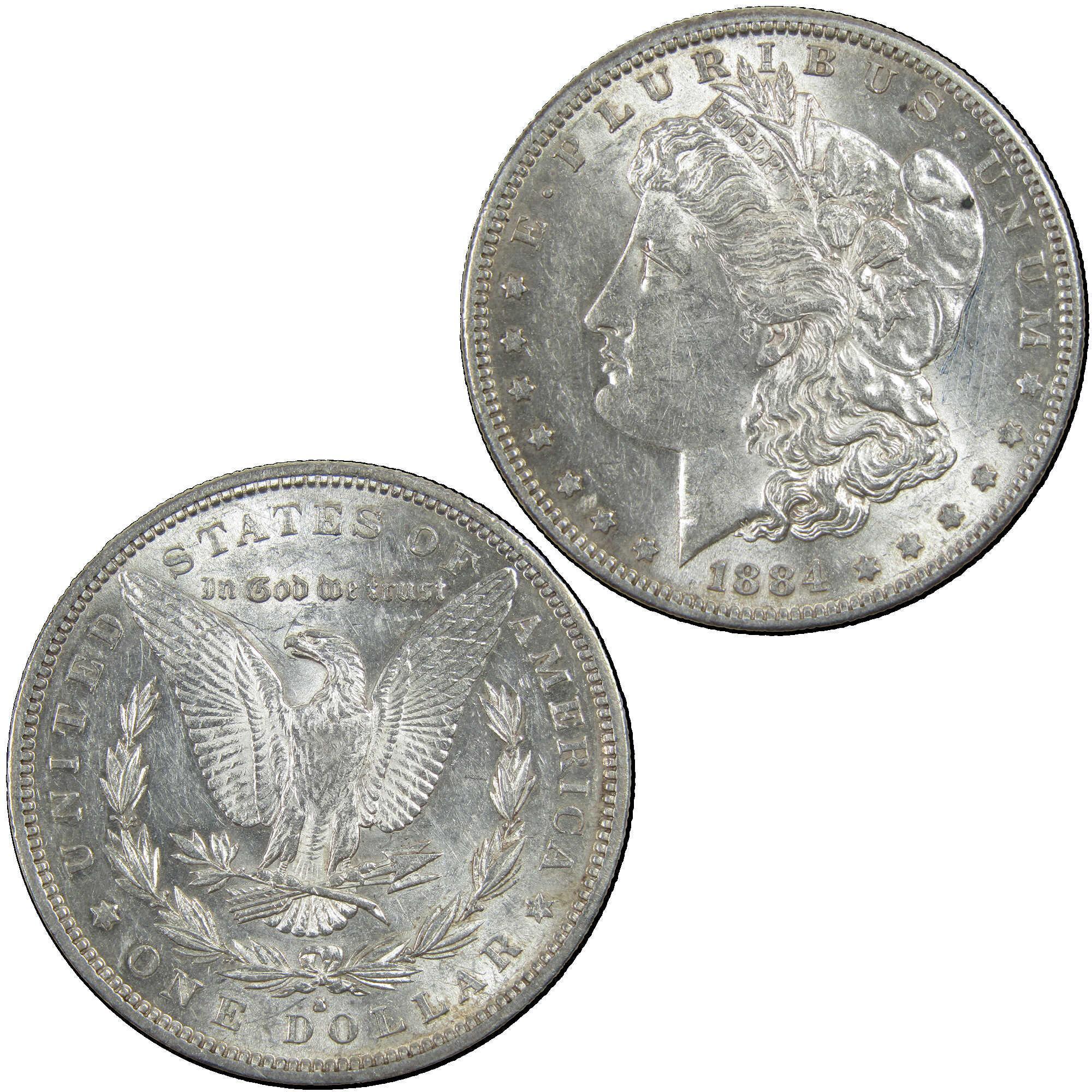 1884 S Morgan Dollar About Unc Details Silver Scratches SKU:I12932 - Morgan coin - Morgan silver dollar - Morgan silver dollar for sale - Profile Coins & Collectibles