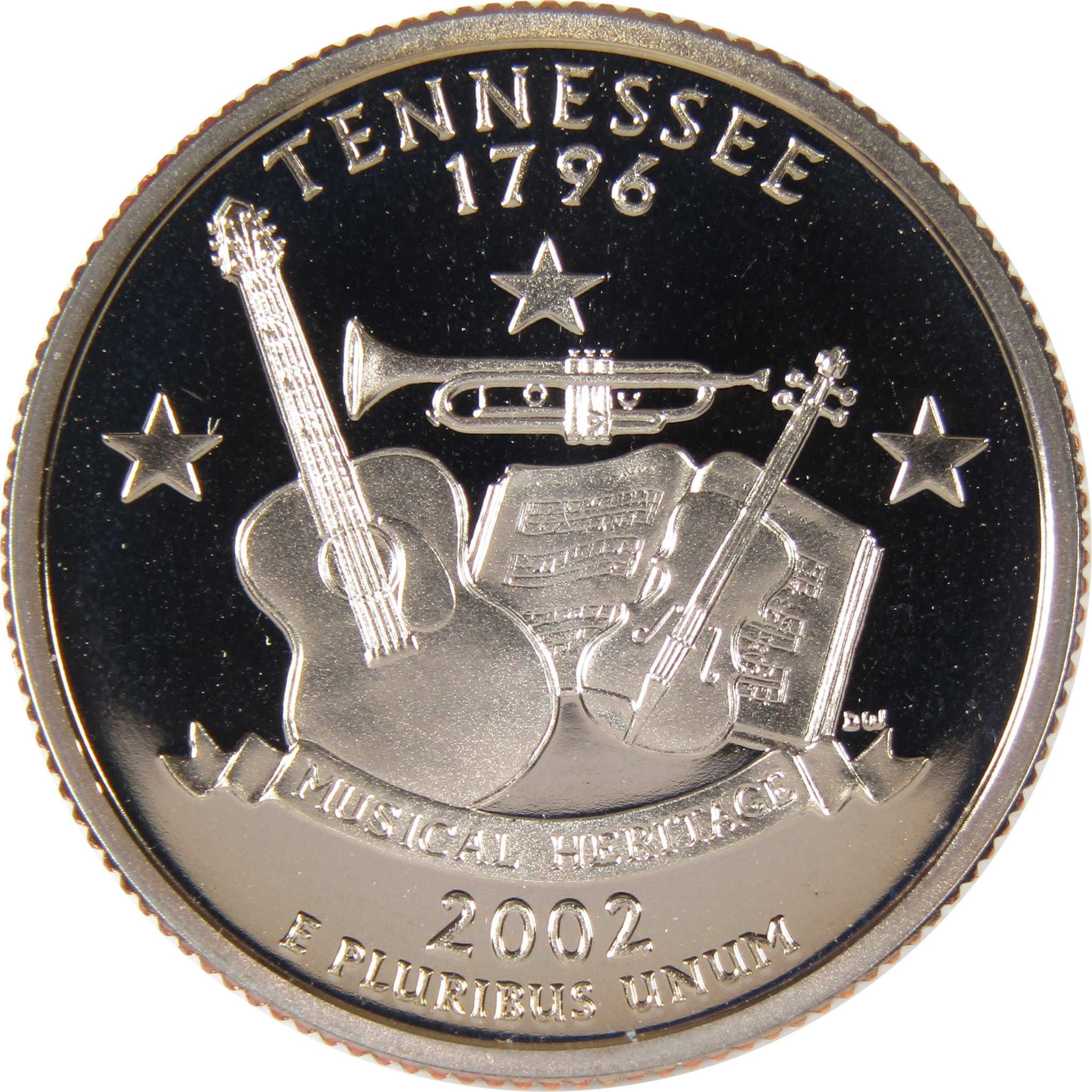 Tennessee state quarter 2002 featuring guitar, trumpet, violin, and musical notes design.