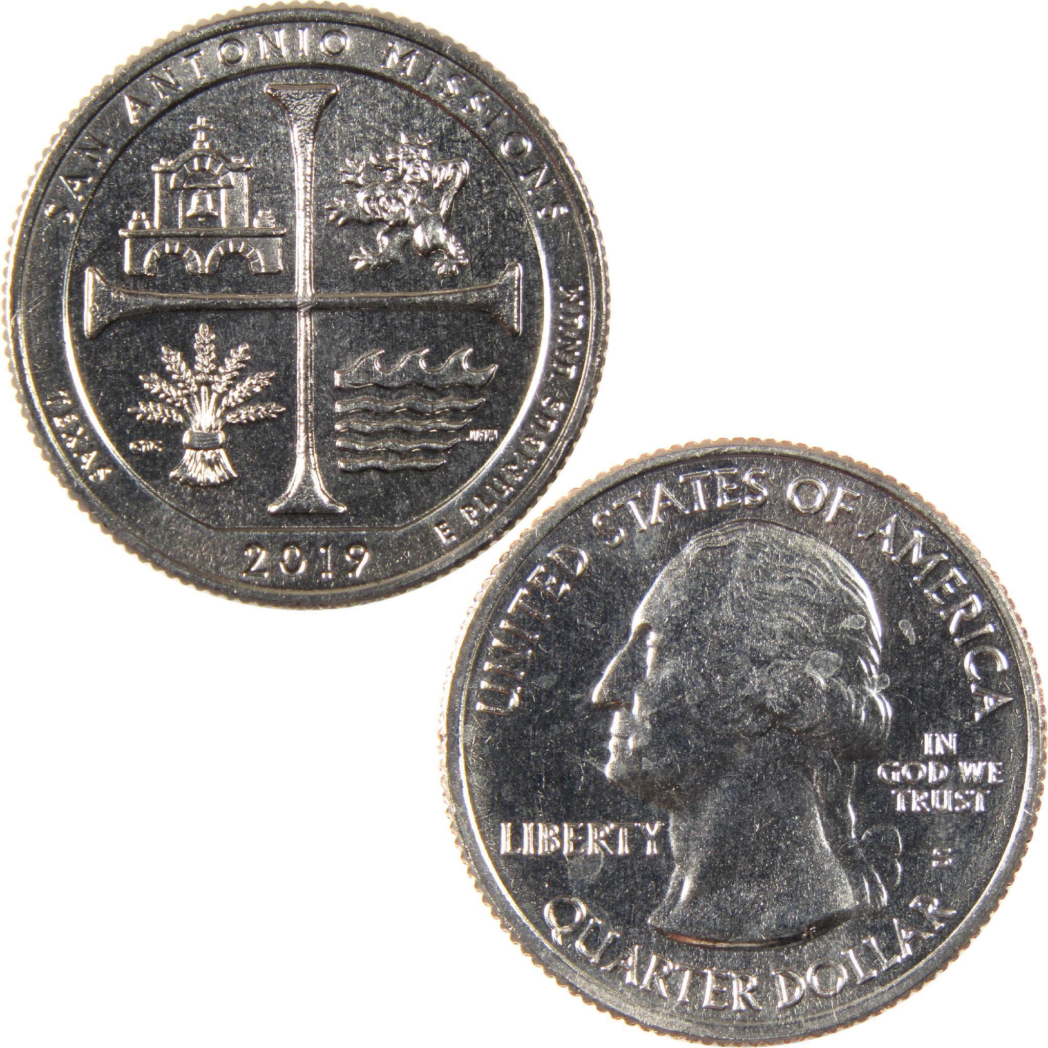 2019 San Antonio Missions National Historical Park quarter dollar coin, obverse and reverse sides