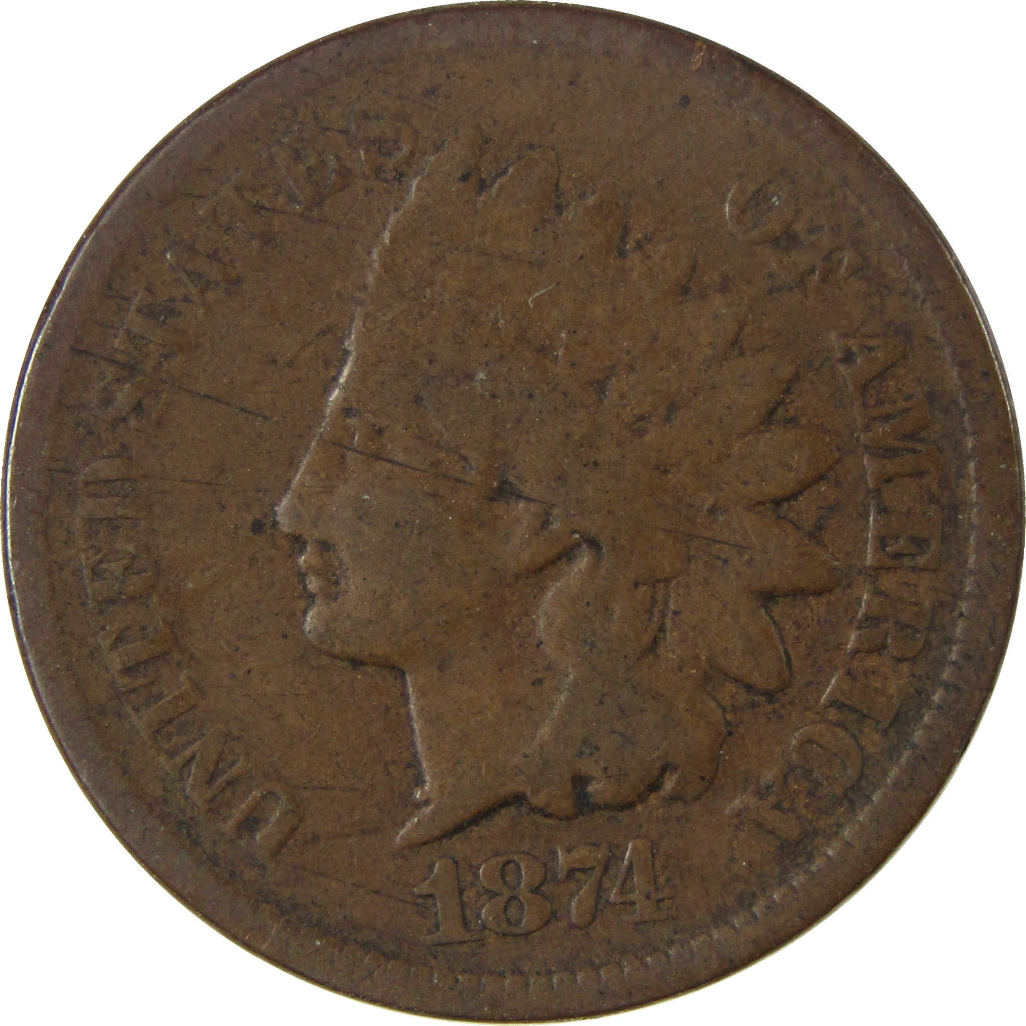 1874 Indian Head Cent G Good Details Penny 1c Coin SKU:I28241