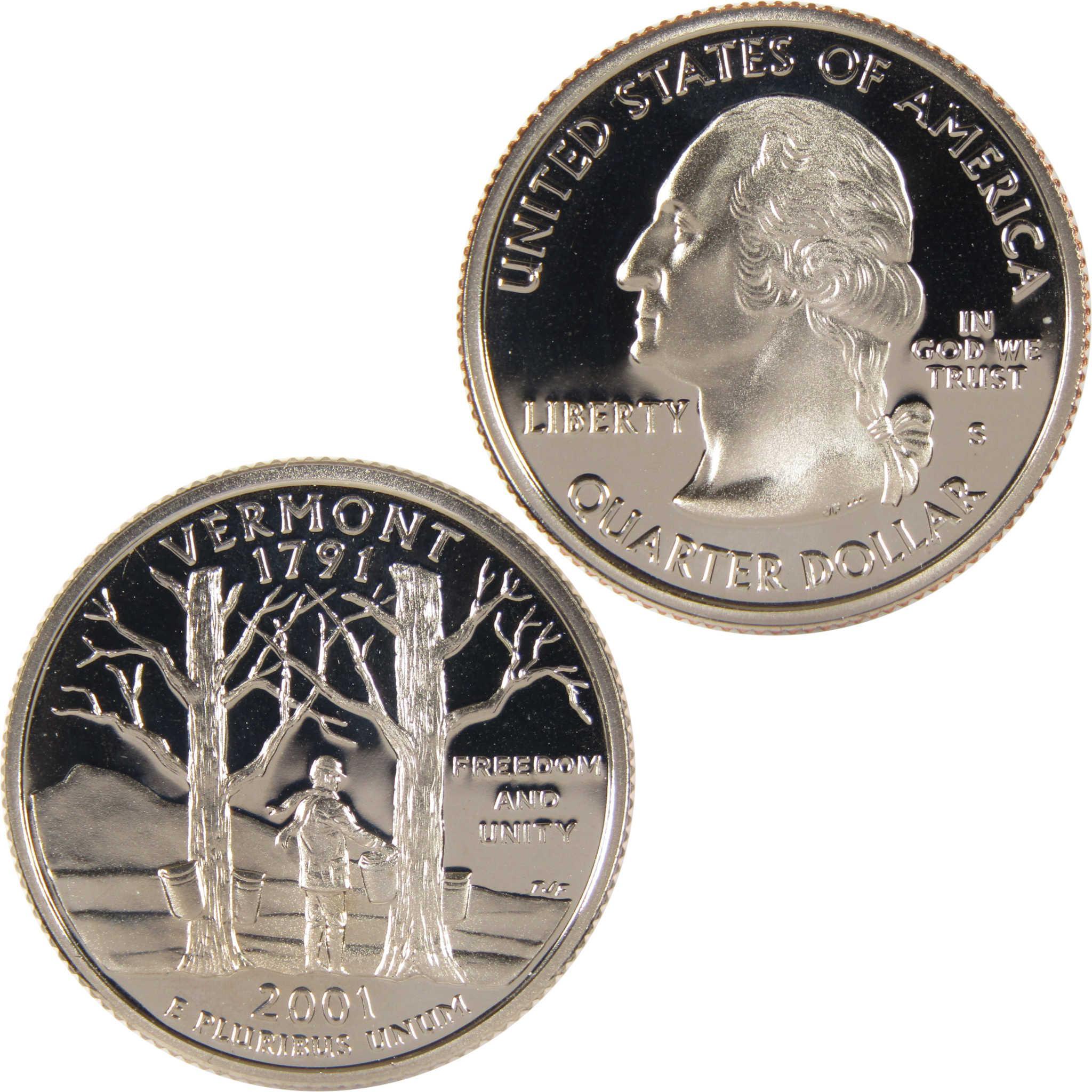 2001 Vermont state quarter collectible coin, obverse and reverse sides, mint condition