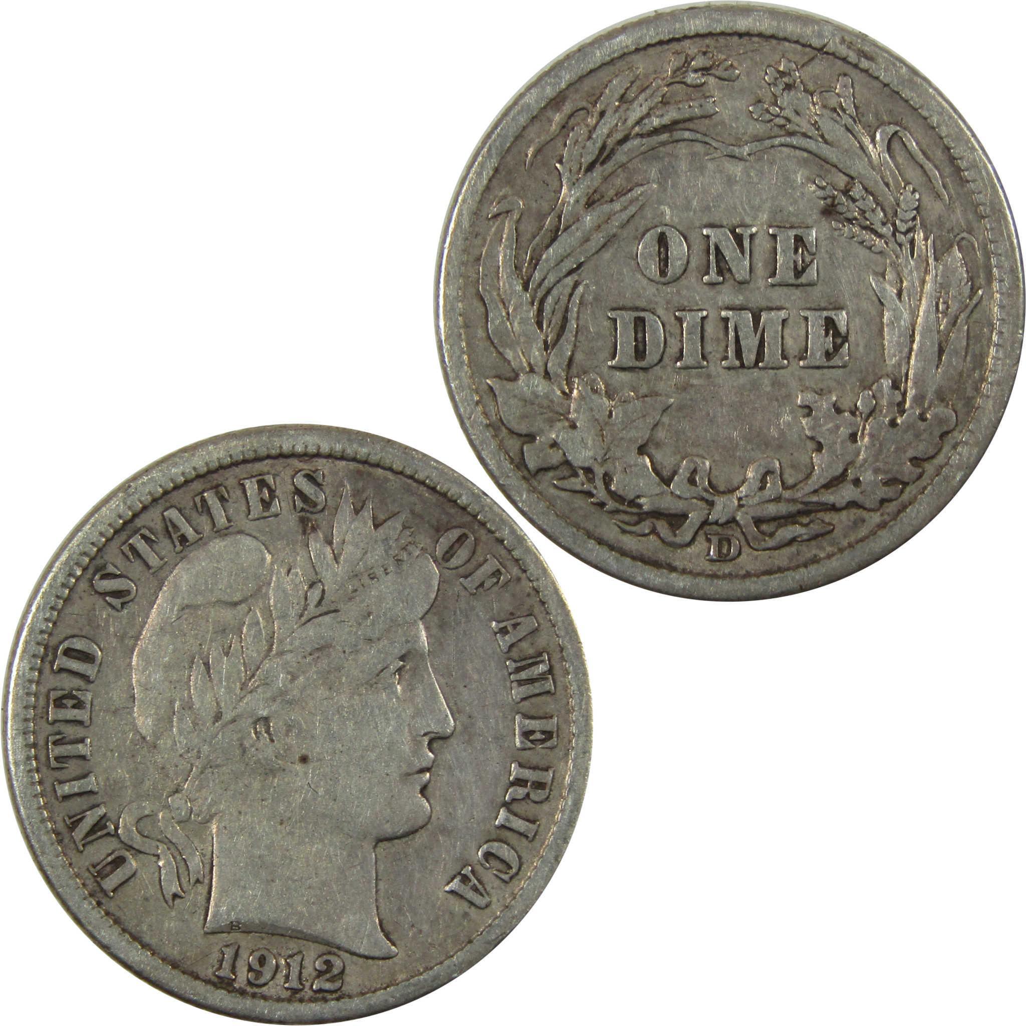 1912 D Barber Silver Dime VF Very Fine 10c Coin Collectible SKU:CP1333