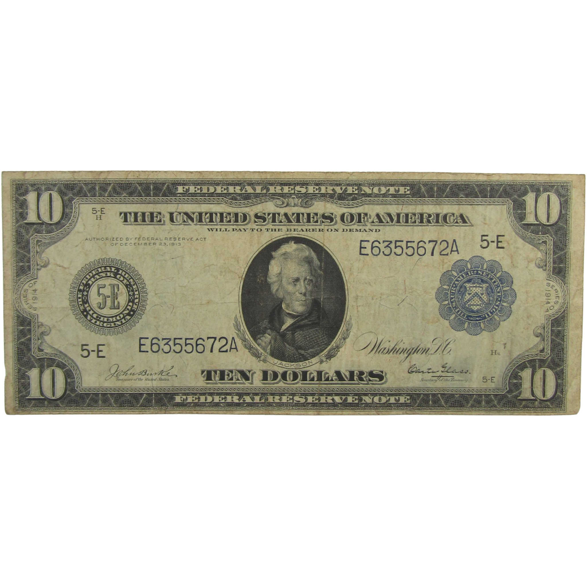 1914 $10 Large Size Federal Reserve Note Fr 921 F Fine Currency