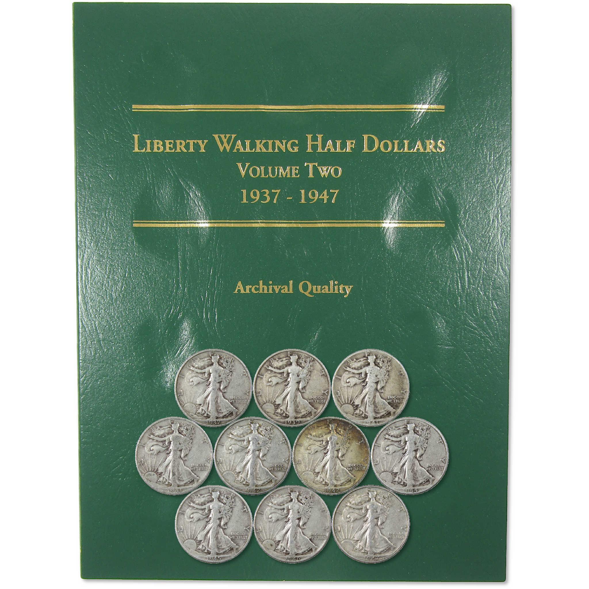 Liberty Walking Half Dollars collection album with 10 vintage coins from 1937-1947 displayed