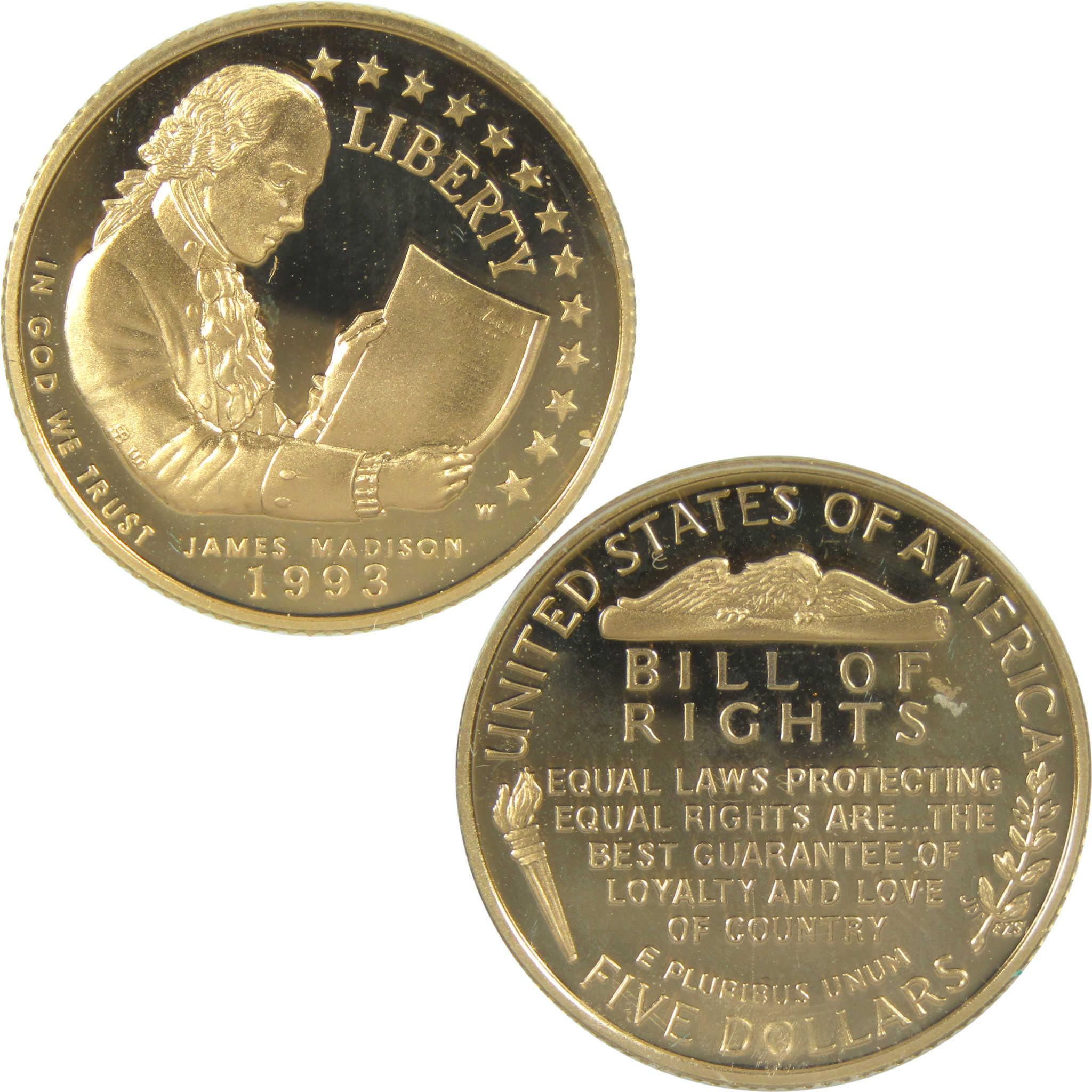 1993 W Bill of Rights Commemorative Gold Proof $5 Coin Collectible