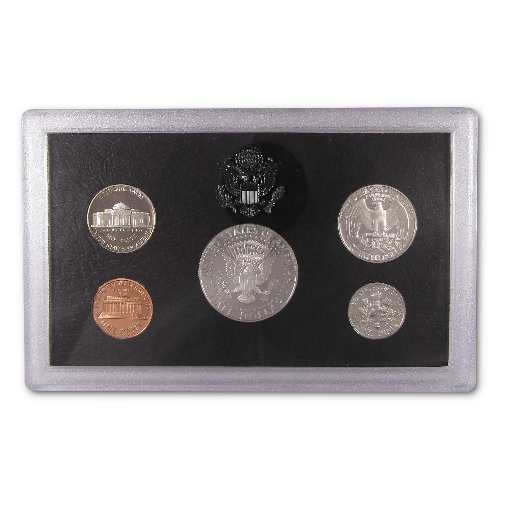 United States coin proof set in protective case, featuring collectible coins on black background