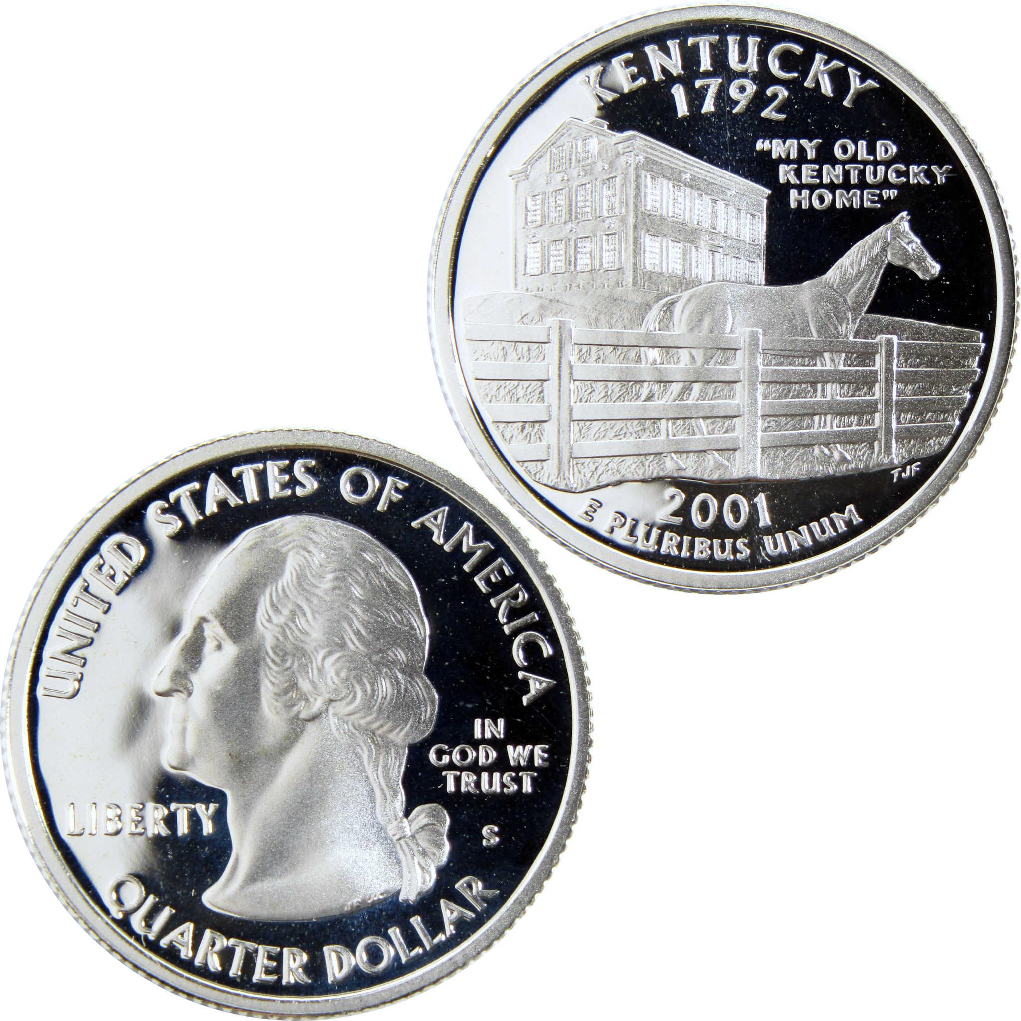 2001 Kentucky state quarter collectible coin with horse, historic home, and Washington portrait