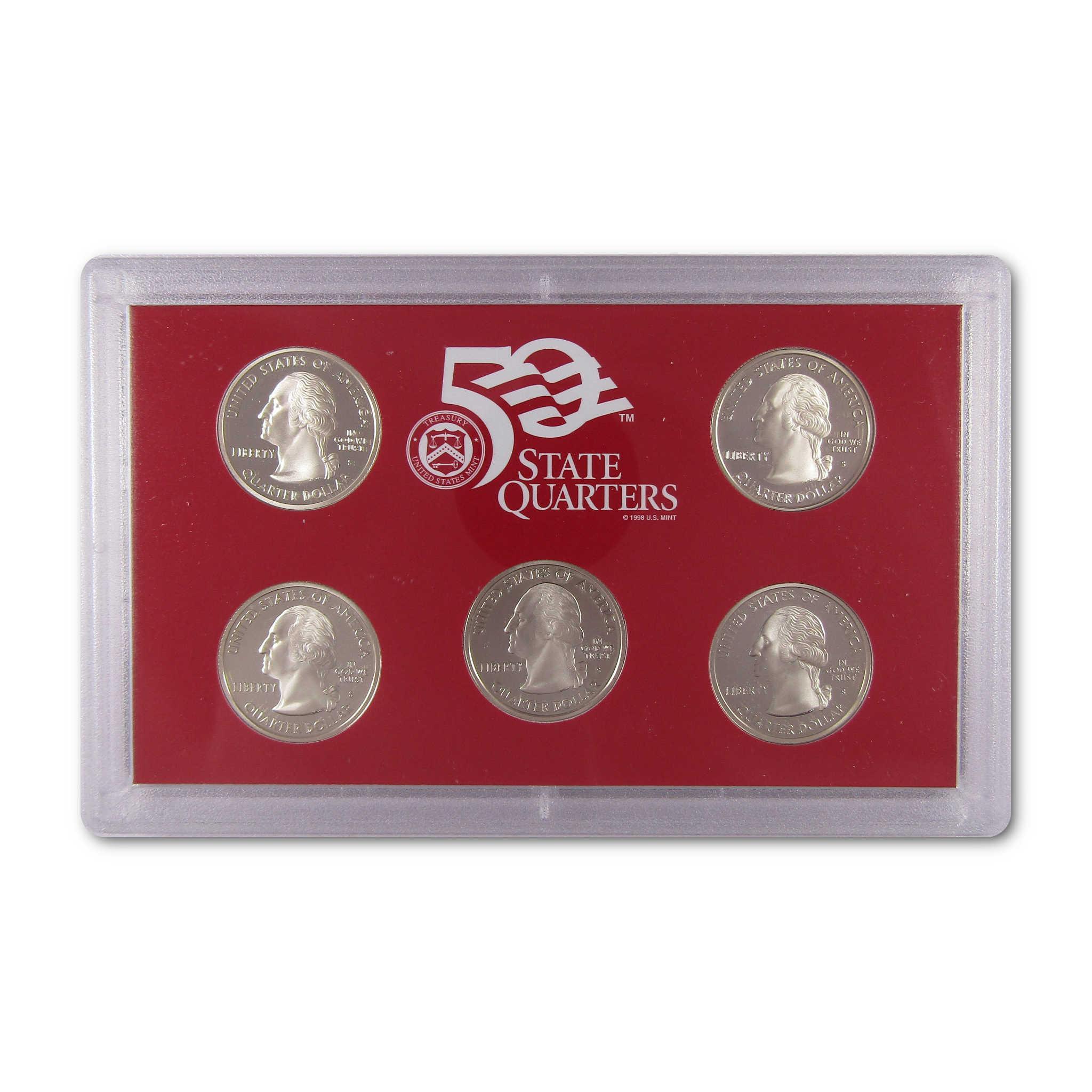 50 State Quarters collector set in clear display case with five US quarters on red background.