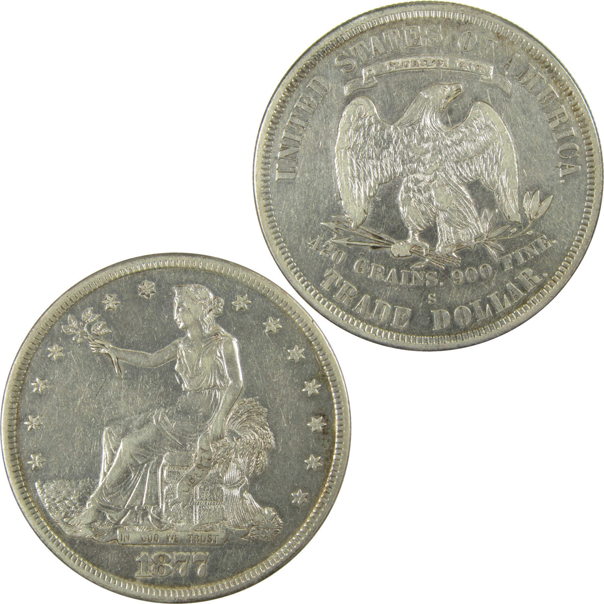 1877 S Trade Silver Dollar VF Very Fine Details $1 Coin SKU:CP1779