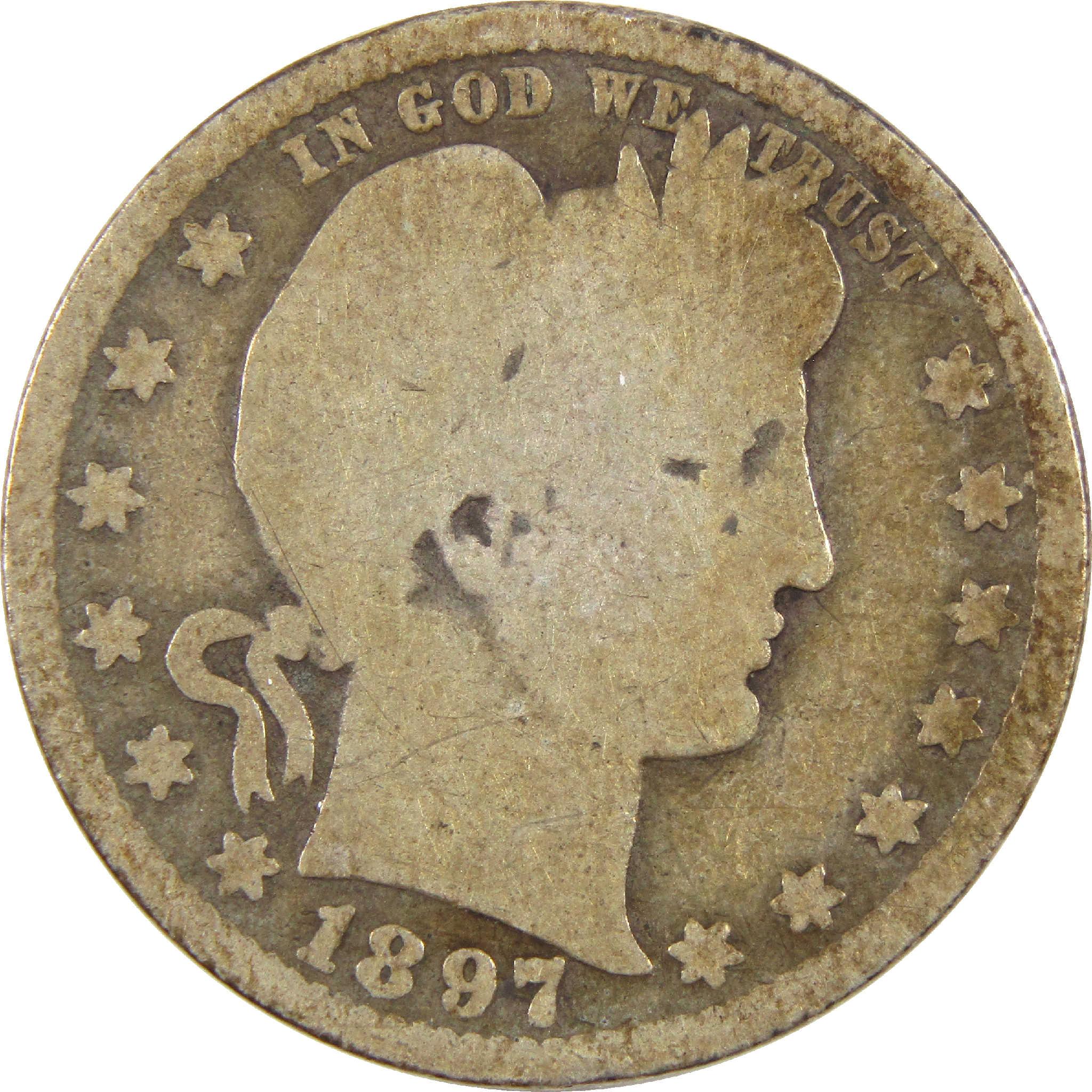 1897 Barber quarter collectible coin with Liberty head and star border