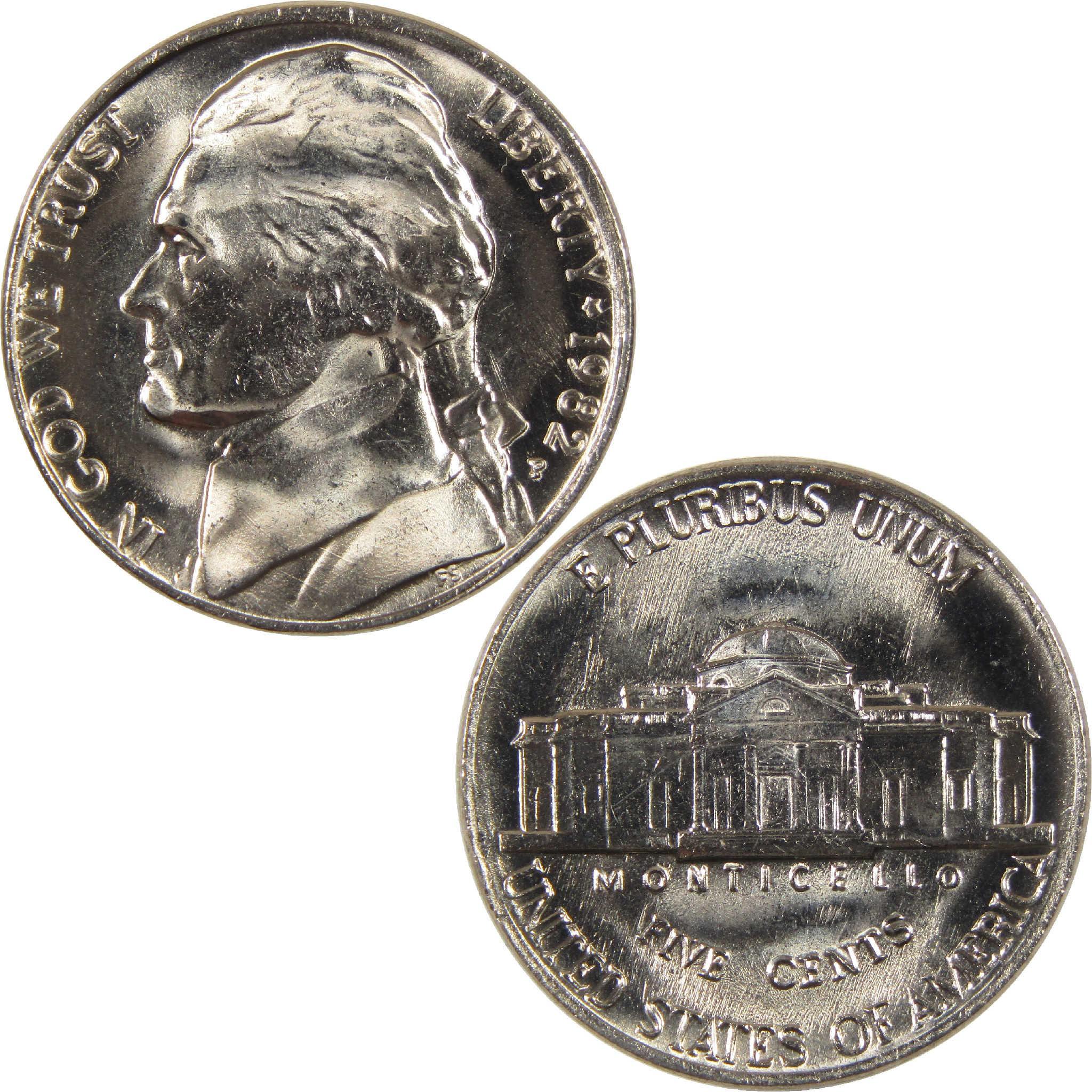 1982 Jefferson nickel five-cent coin showing obverse portrait and Monticello reverse