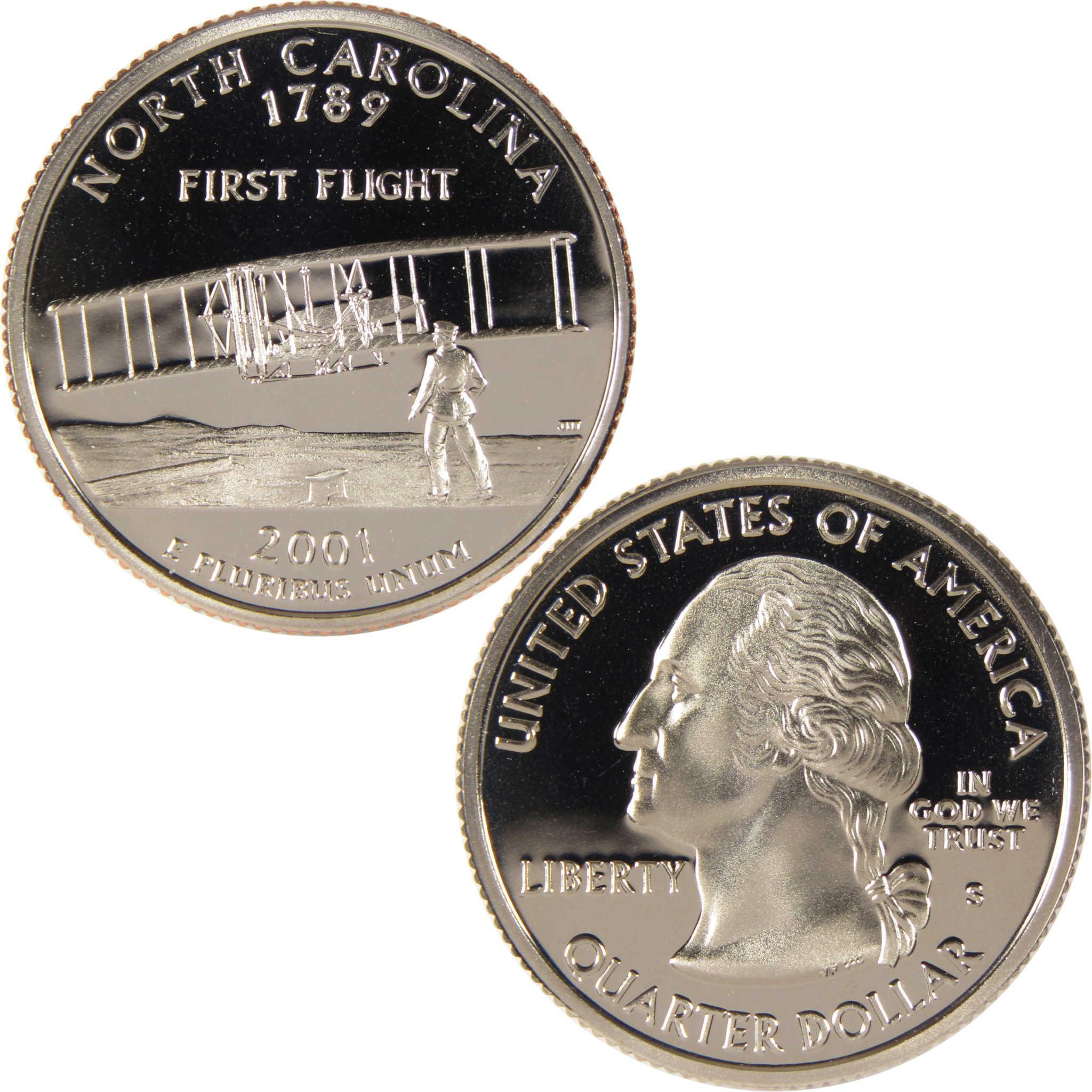 2001 North Carolina state quarter collectible coin featuring Wright brothers first flight design