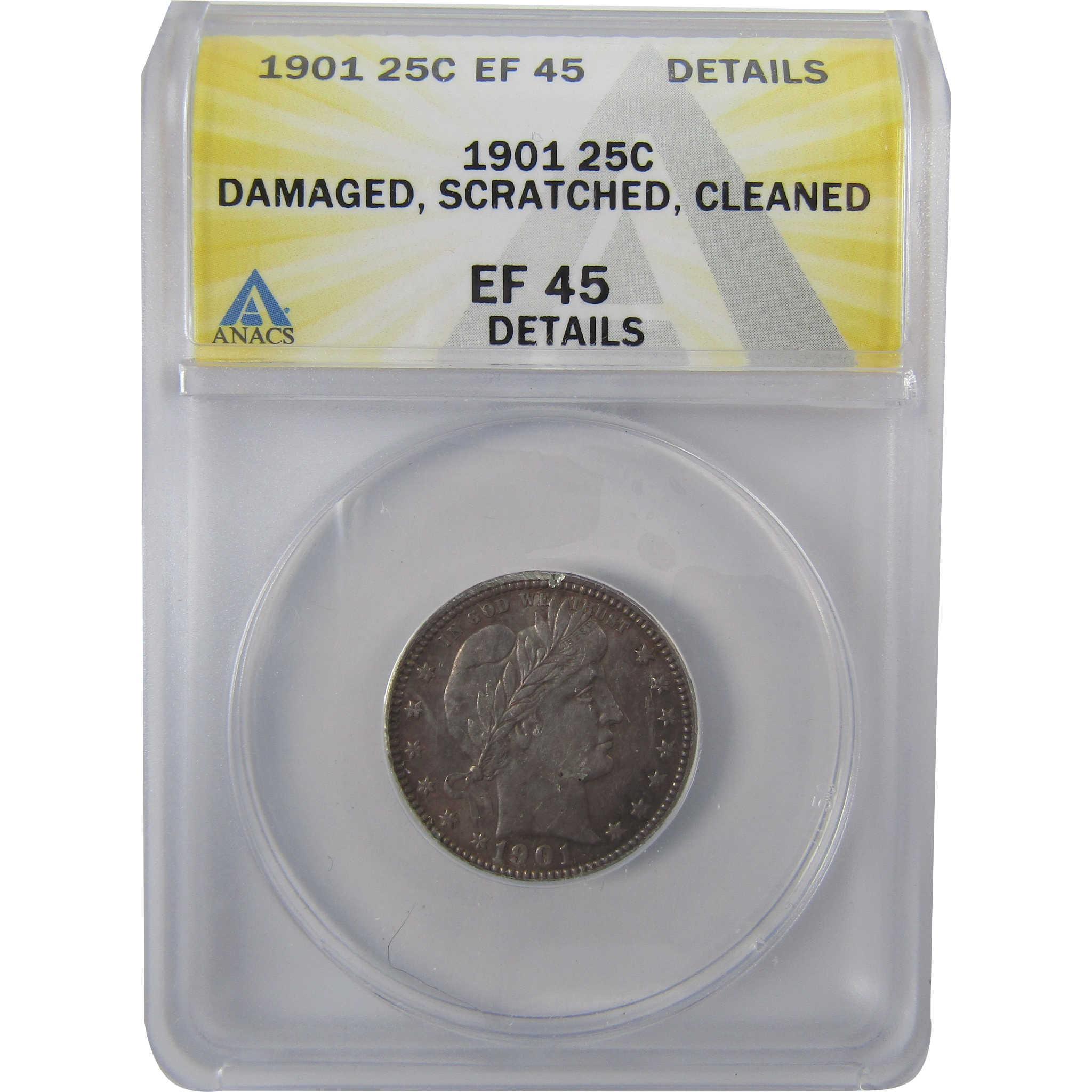 1901 Barber Silver Quarter EF 45 Details ANACS 25c Coin SKU:I25450
