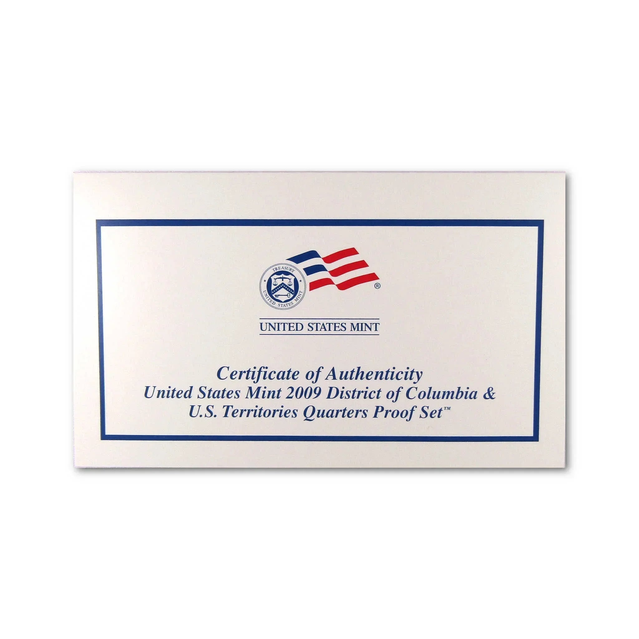 United States Mint 2009 Quarters Proof Set certificate of authenticity with logo