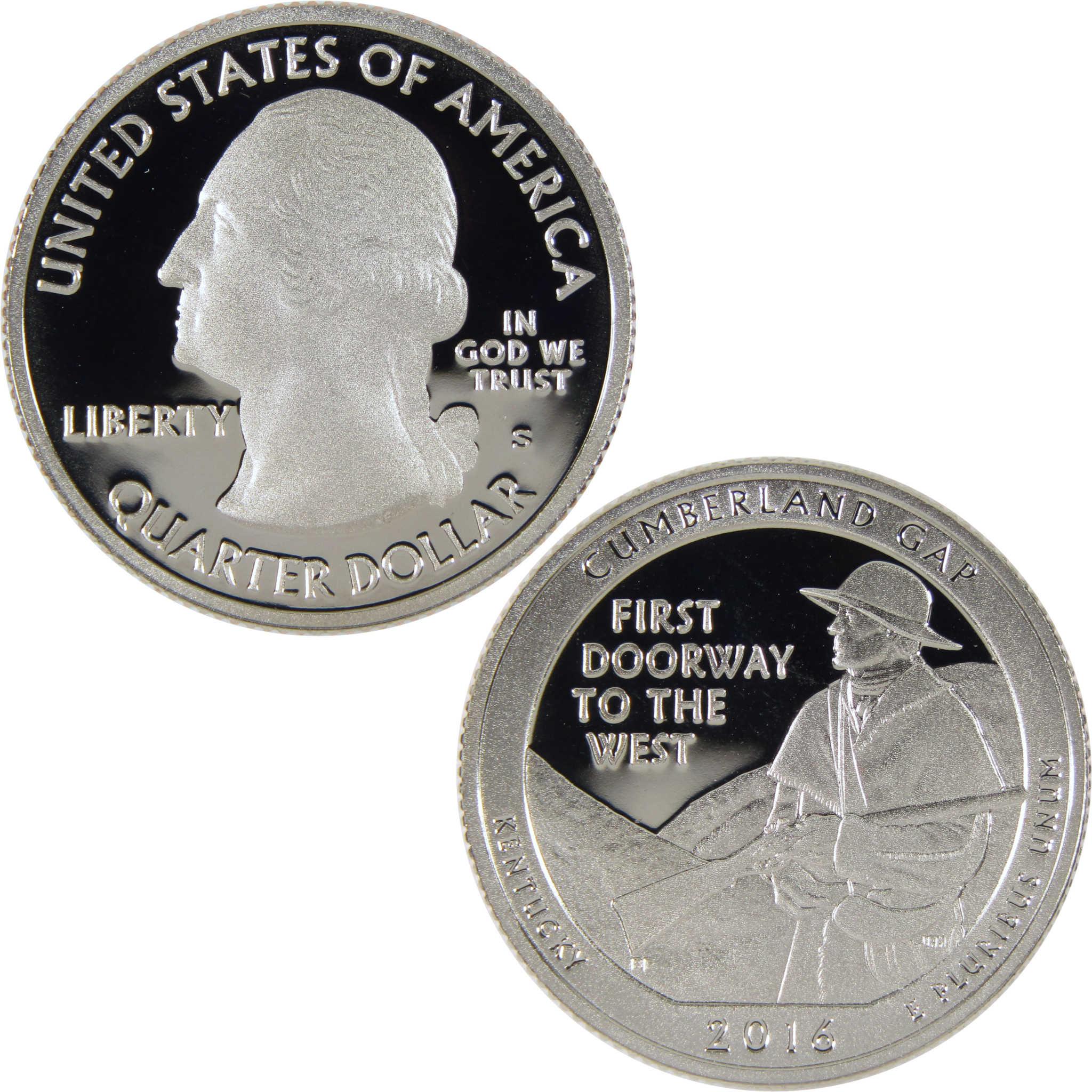 2016 Cumberland Gap Kentucky quarter dollar coin, obverse and reverse sides, collectible coin