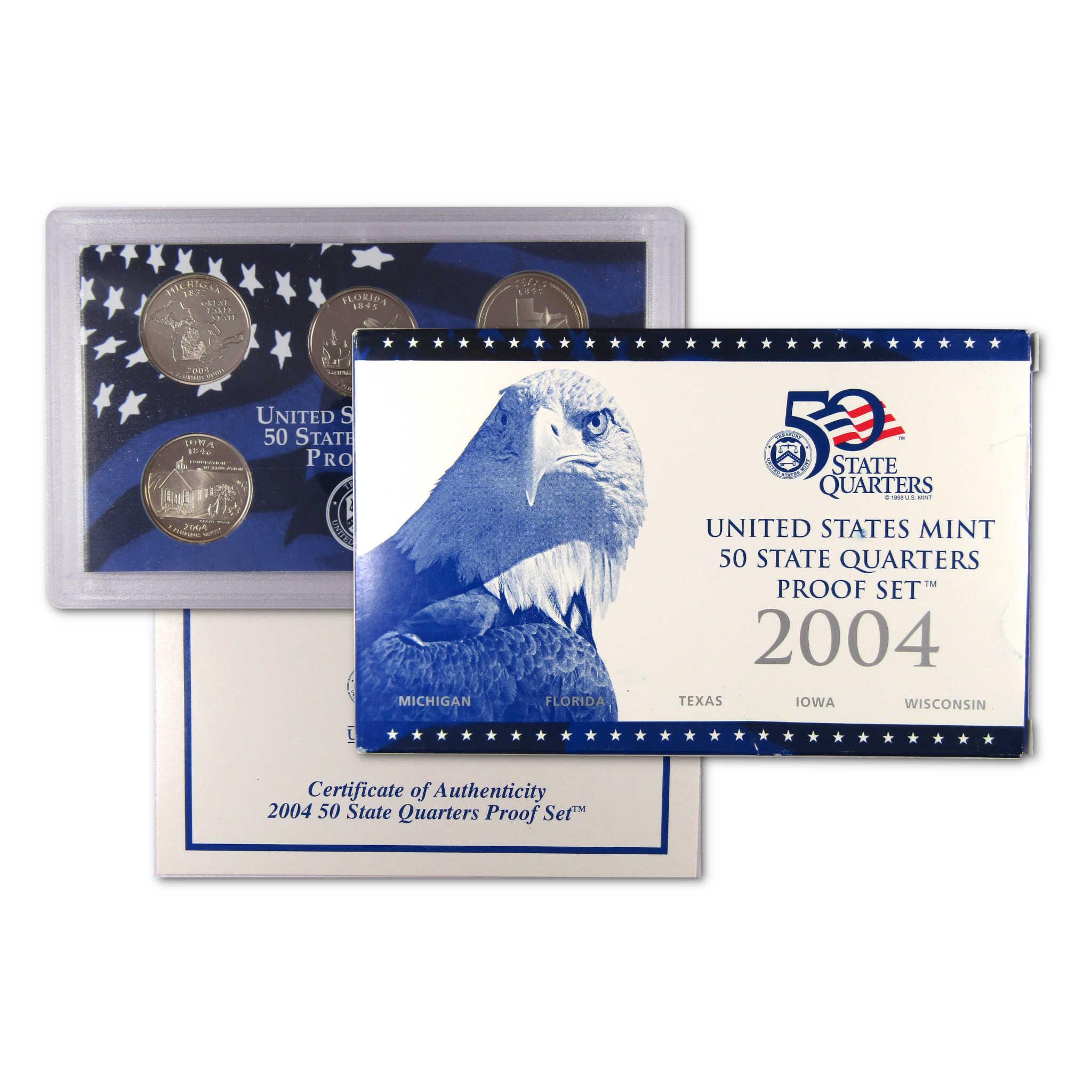 2004 United States Mint 50 State Quarters Proof Set with certificate and display case