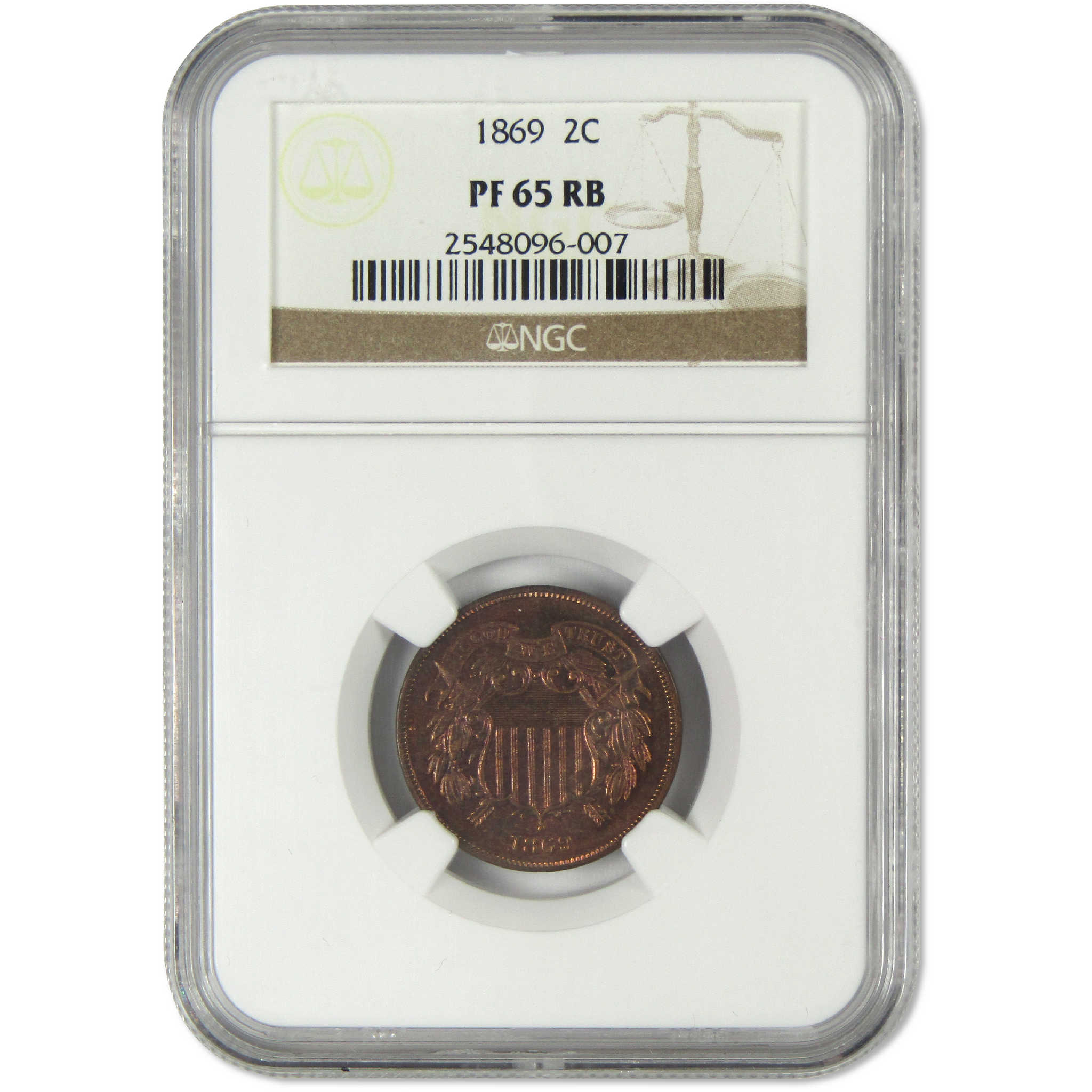 1869 Two Cent Piece PF 65 RB NGC Proof 2c Coin Collectible