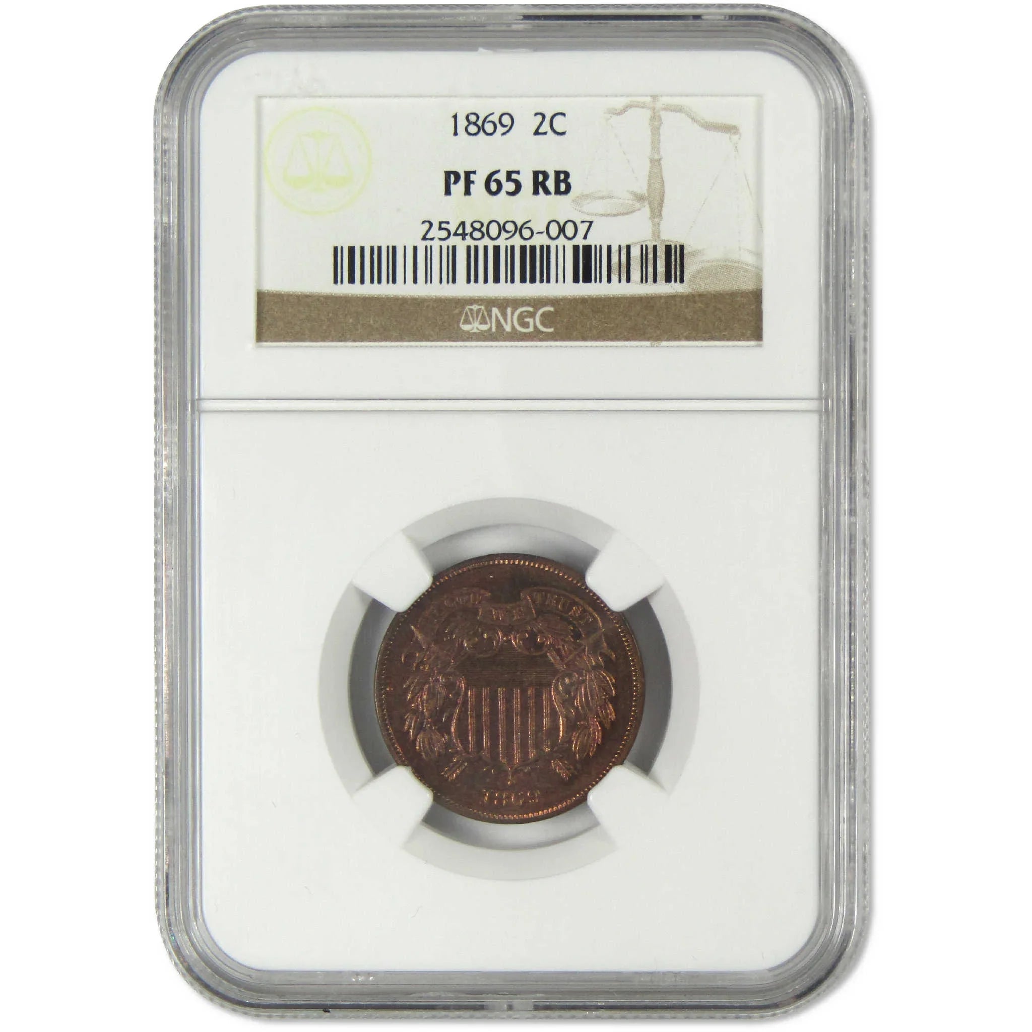 1869 Two Cent Piece PF 65 RB NGC Proof 2c Coin Collectible
