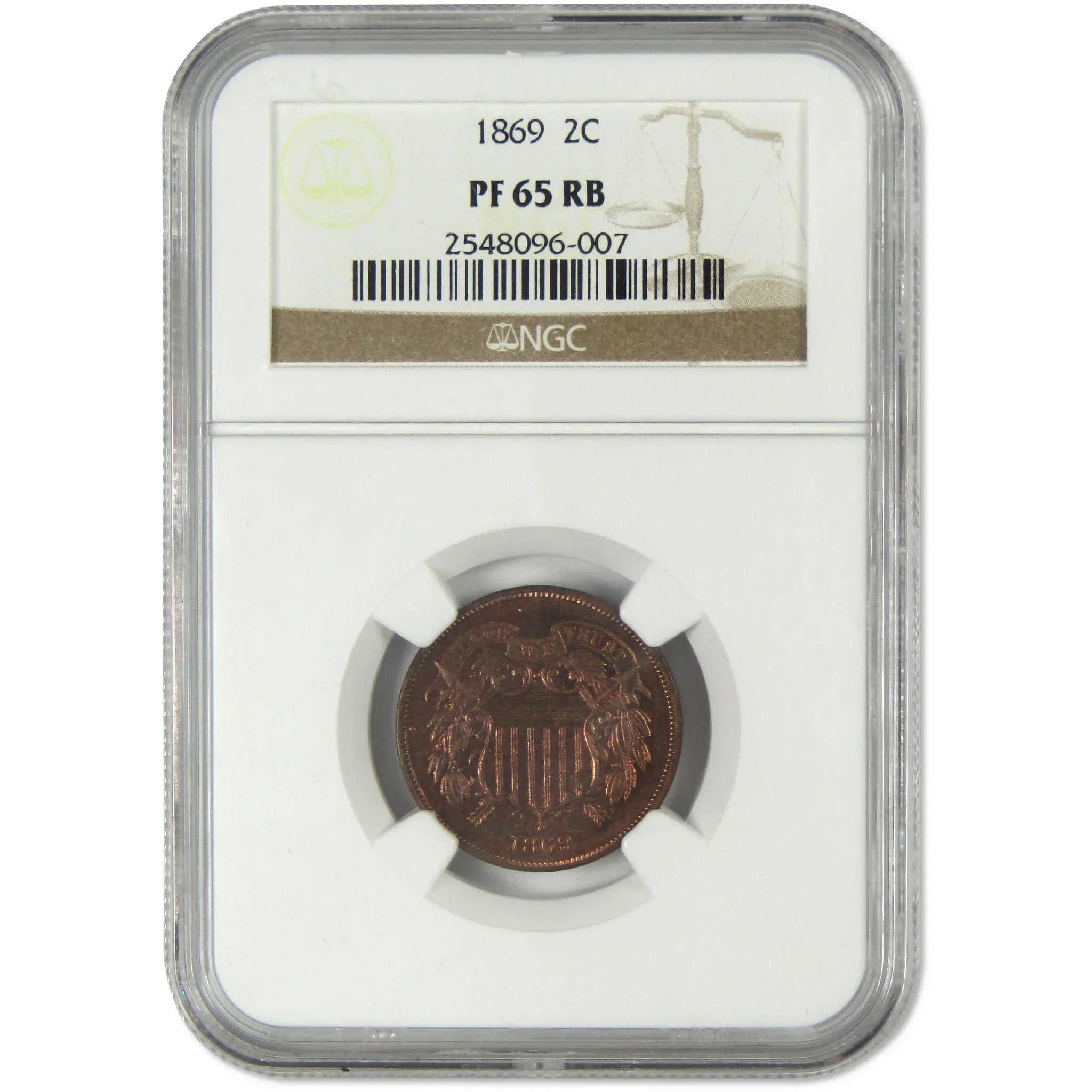 1869 Two Cent Piece PF 65 RB NGC Proof 2c Coin Collectible
