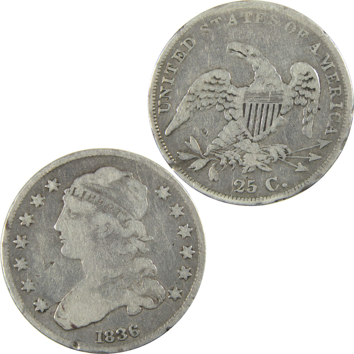 1836 Capped Bust Silver Quarter F Fine Details 25c Coin SKU:CP1772