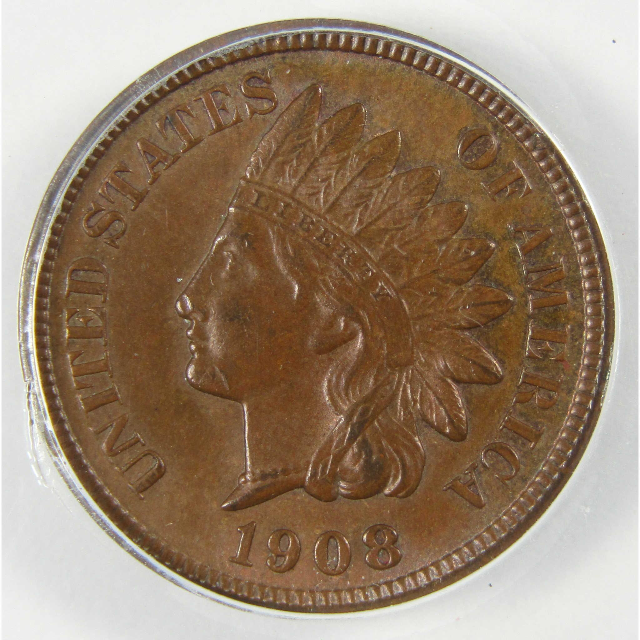 1908 S Indian Head Cent AU 58 ANACS Penny 1c Coin SKU:CP570