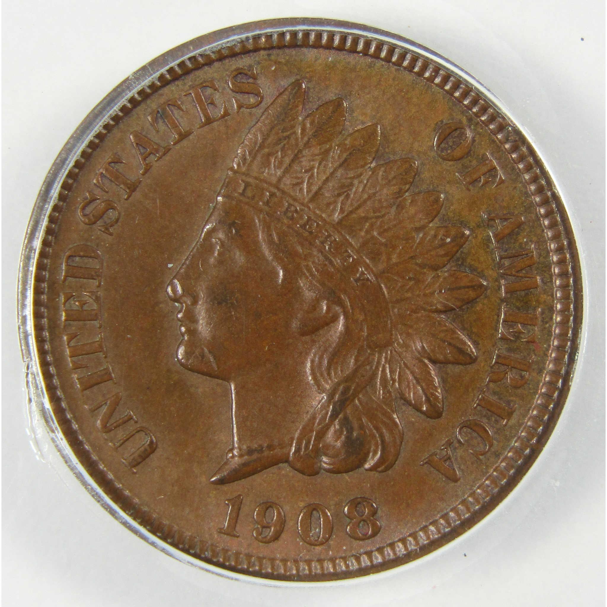 1908 S Indian Head Cent AU 58 ANACS Penny 1c Coin SKU:CP570