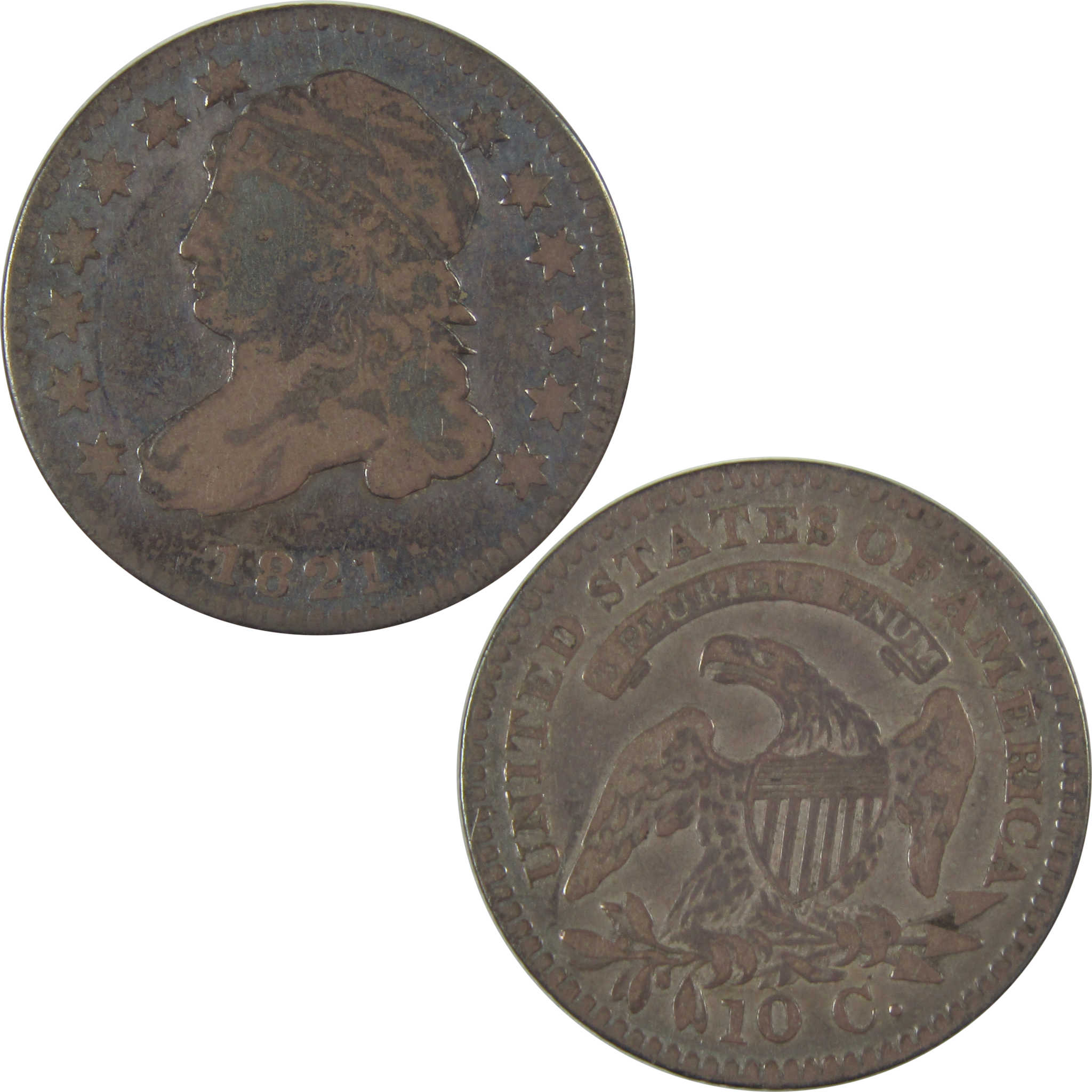 1821 Small Date Capped Bust Dime F Fine Silver 10c Coin SKU:CPC0942