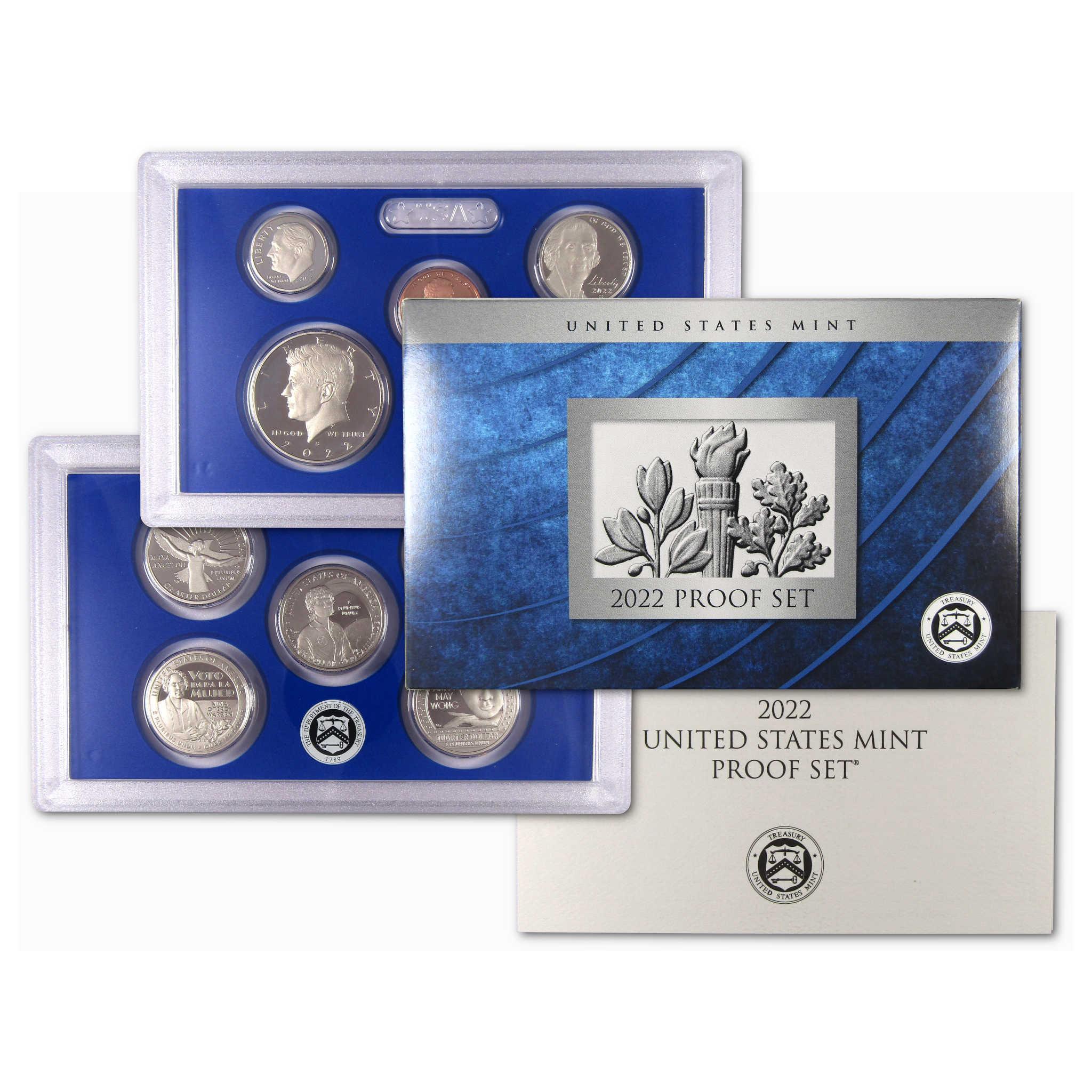 2022 United States Mint Proof Set collectible coins in display cases with packaging