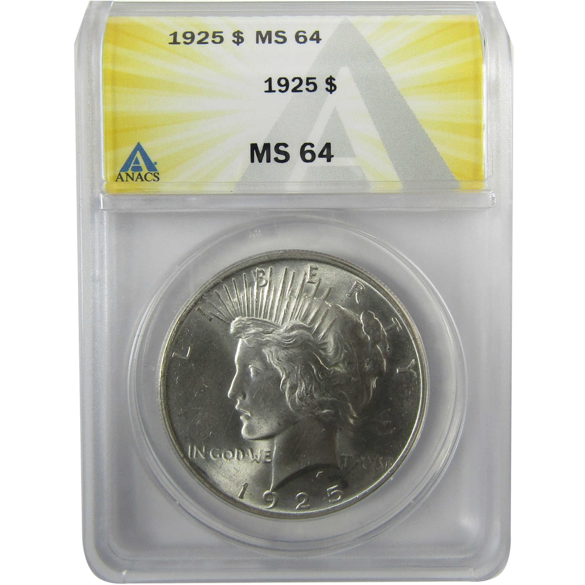1925 Peace Silver Dollar MS 64 ANACS Uncirculated $1 Coin SKU:I28065