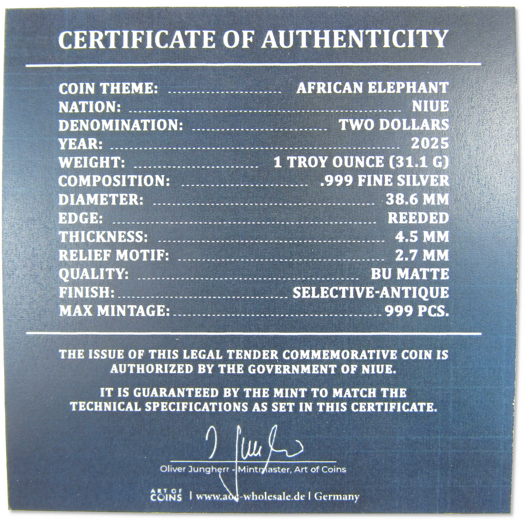 African Elephant 1 oz .999 Silver $2 Coin 2025 Niue COA SKU:OPC221