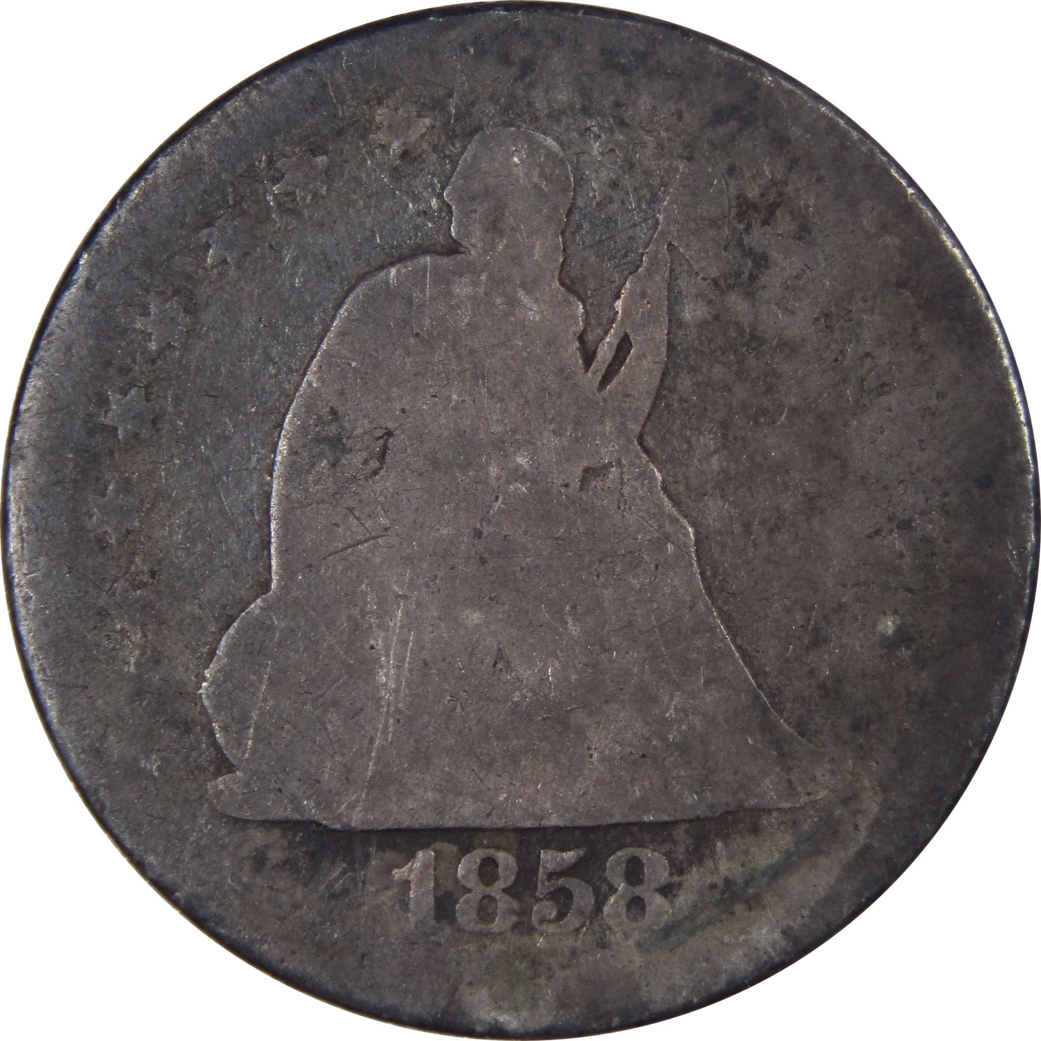 1858 Seated Liberty collectible coin with worn details, silver tone, antique finish