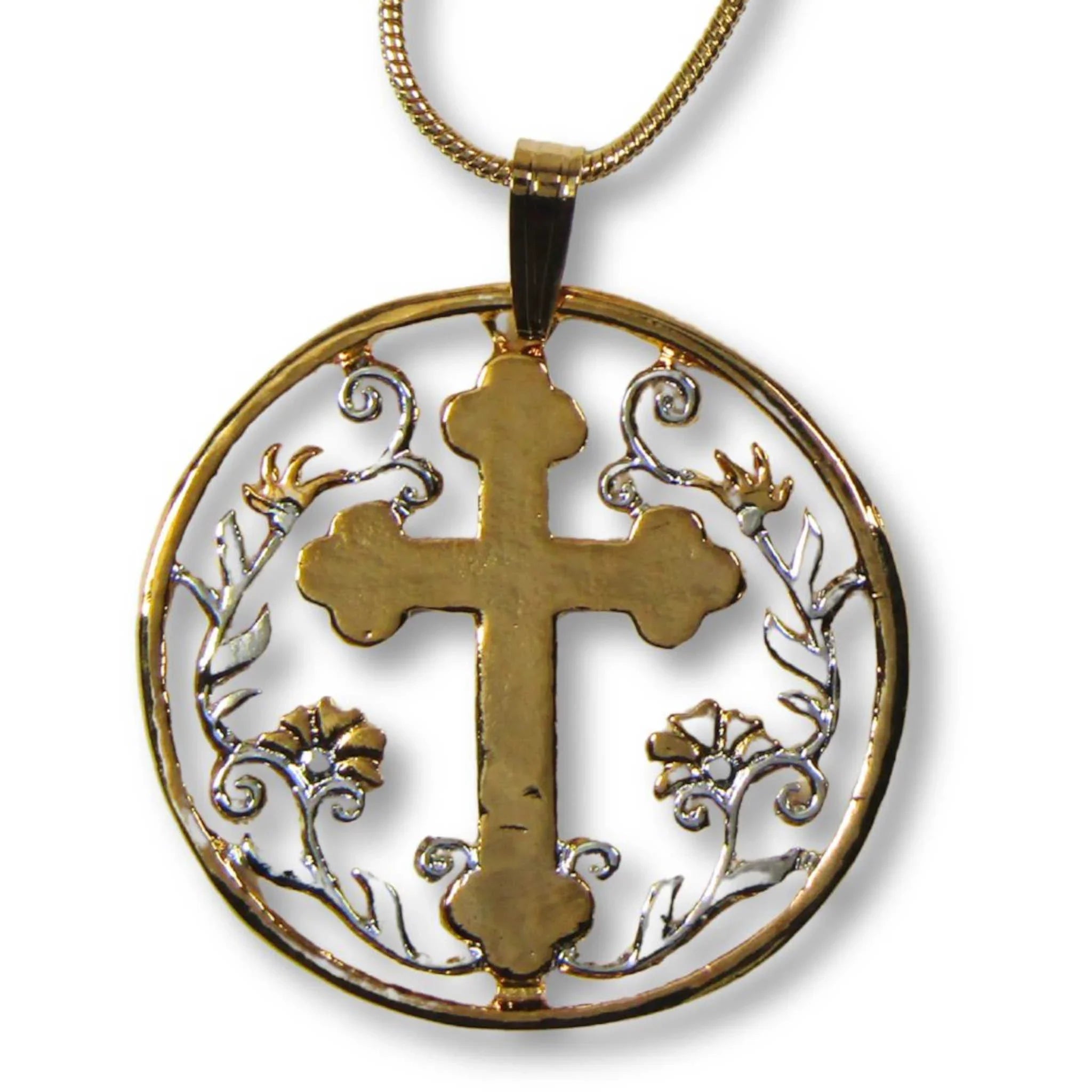 Cross with Flowers Cut Coin Necklace with Gold-Plated Chain