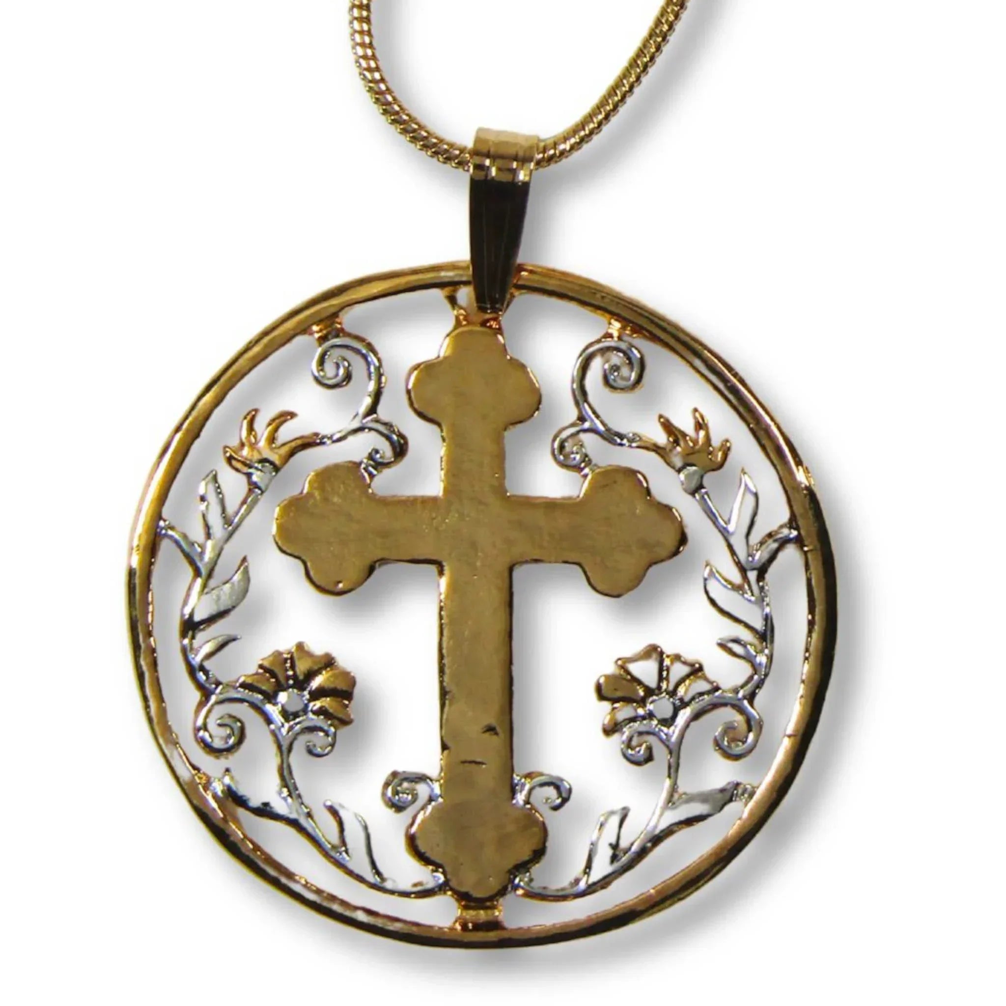 Cross with Flowers Cut Coin Necklace with Gold-Plated Chain