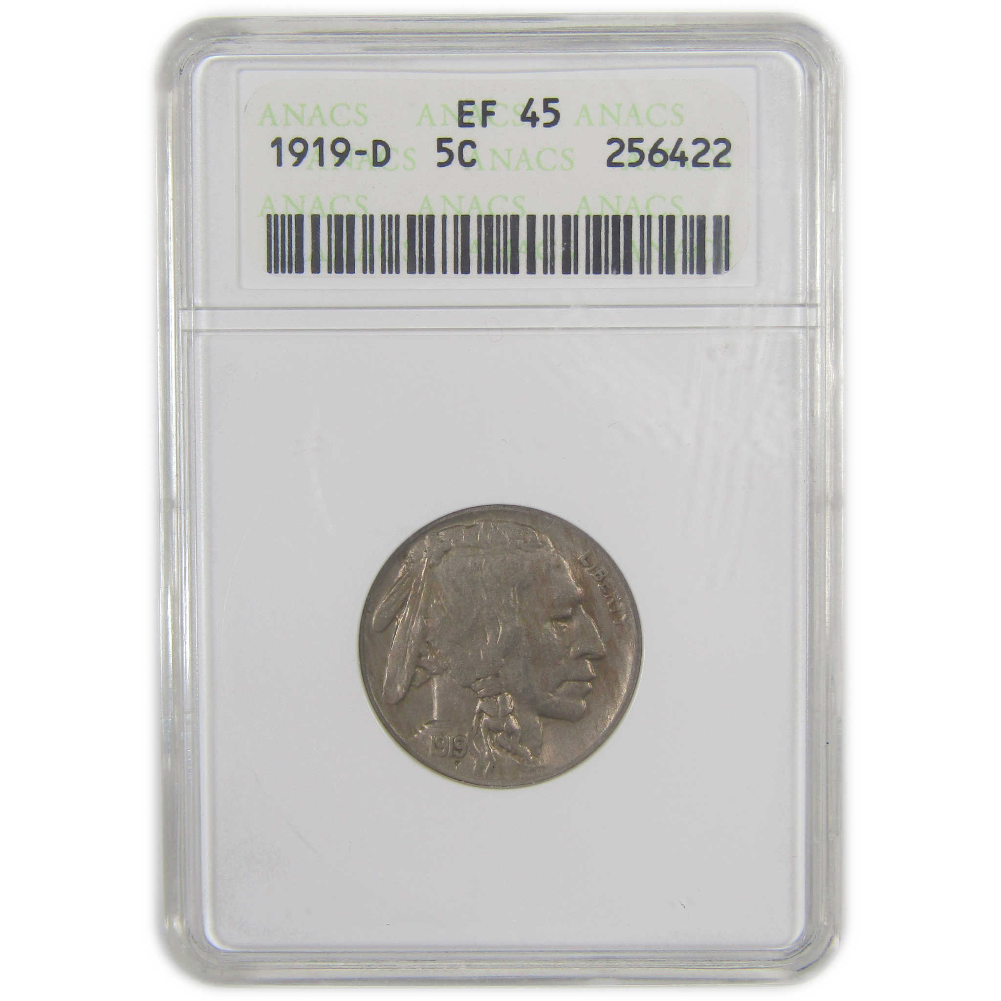 1919 D Indian Head Buffalo Nickel EF 45 ANACS 5c Coin SKU:I17194
