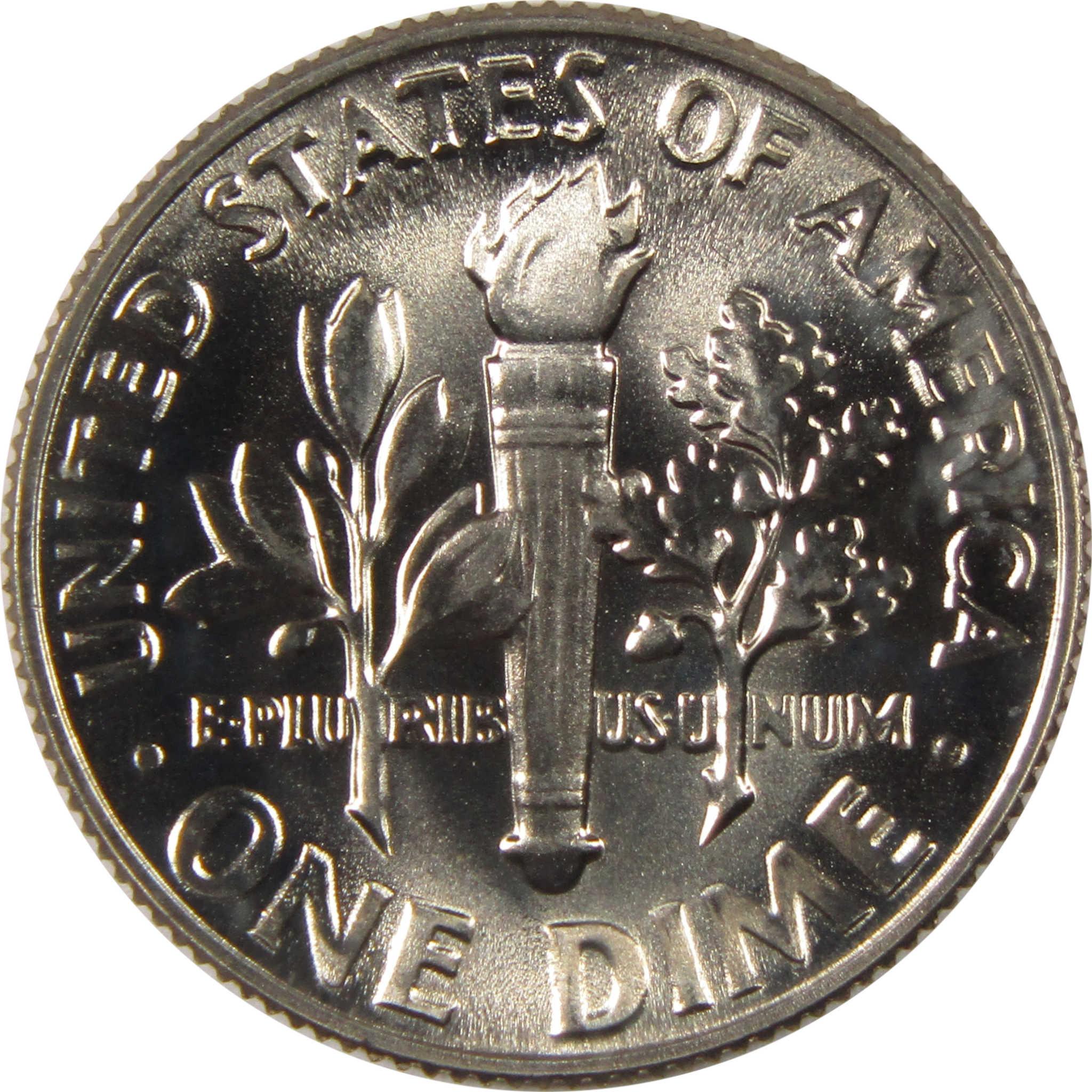 United States dime reverse side with torch, olive branch, and oak branch design