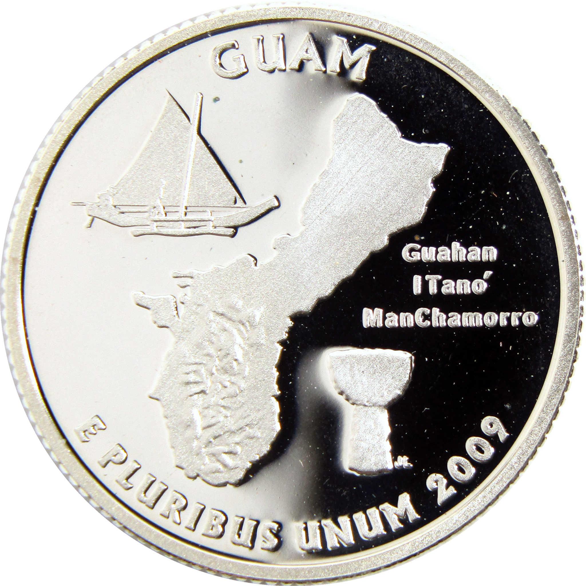 Guam commemorative coin 2009 featuring island map, sailing canoe, and latte stone design