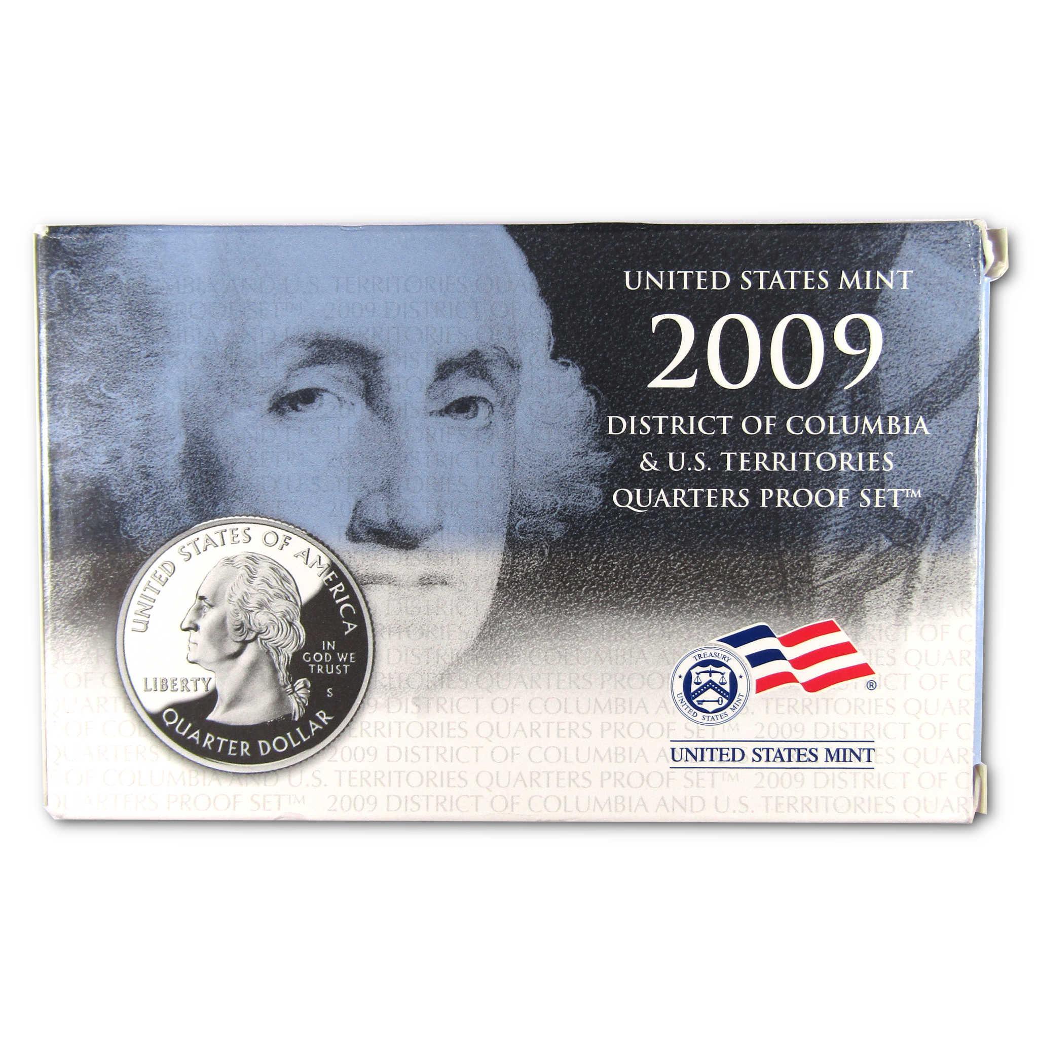 2009 U.S. Mint District of Columbia and Territories Quarters Proof Set box with quarter coin