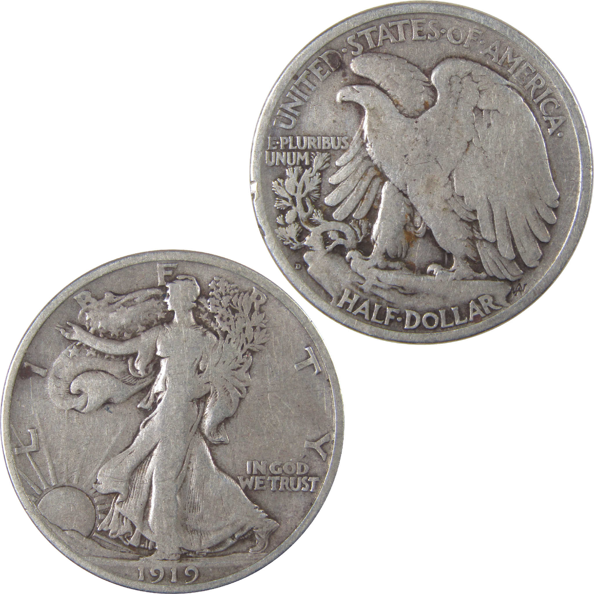 1919 D Liberty Walking Half Dollar F Fine Silver 50c Coin SKU:I18122