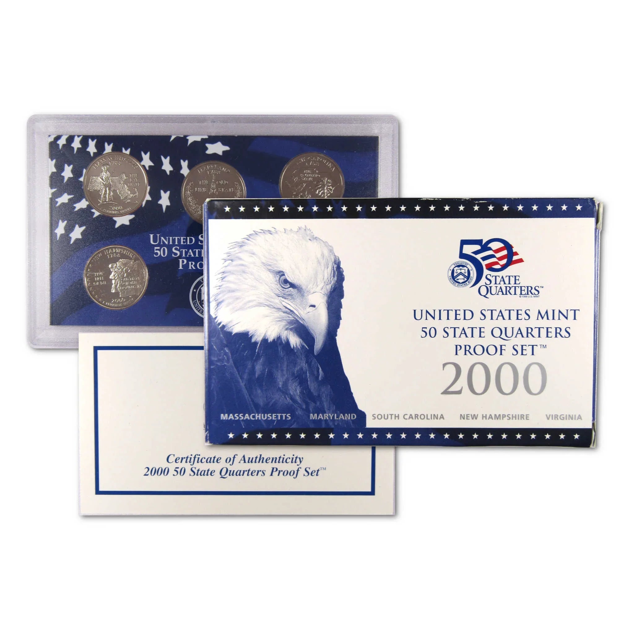 2000 US Mint 50 State Quarters Proof Set with coins, box, and certificate