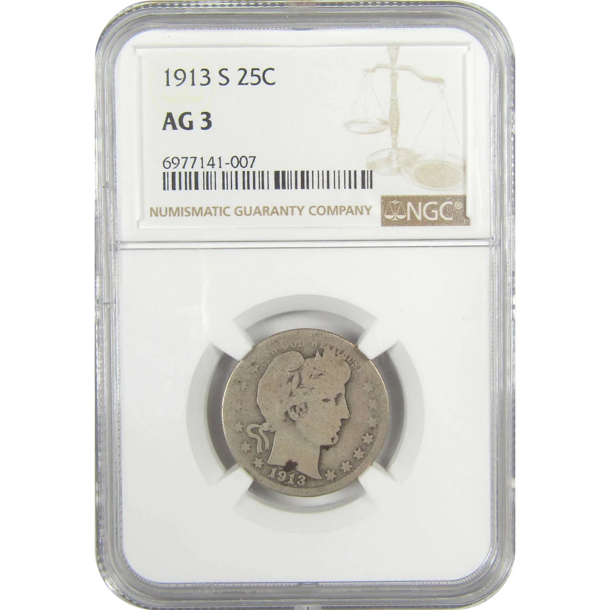 1913 S Barber Quarter AG 3 NGC Silver 25c Coin SKU:I19926