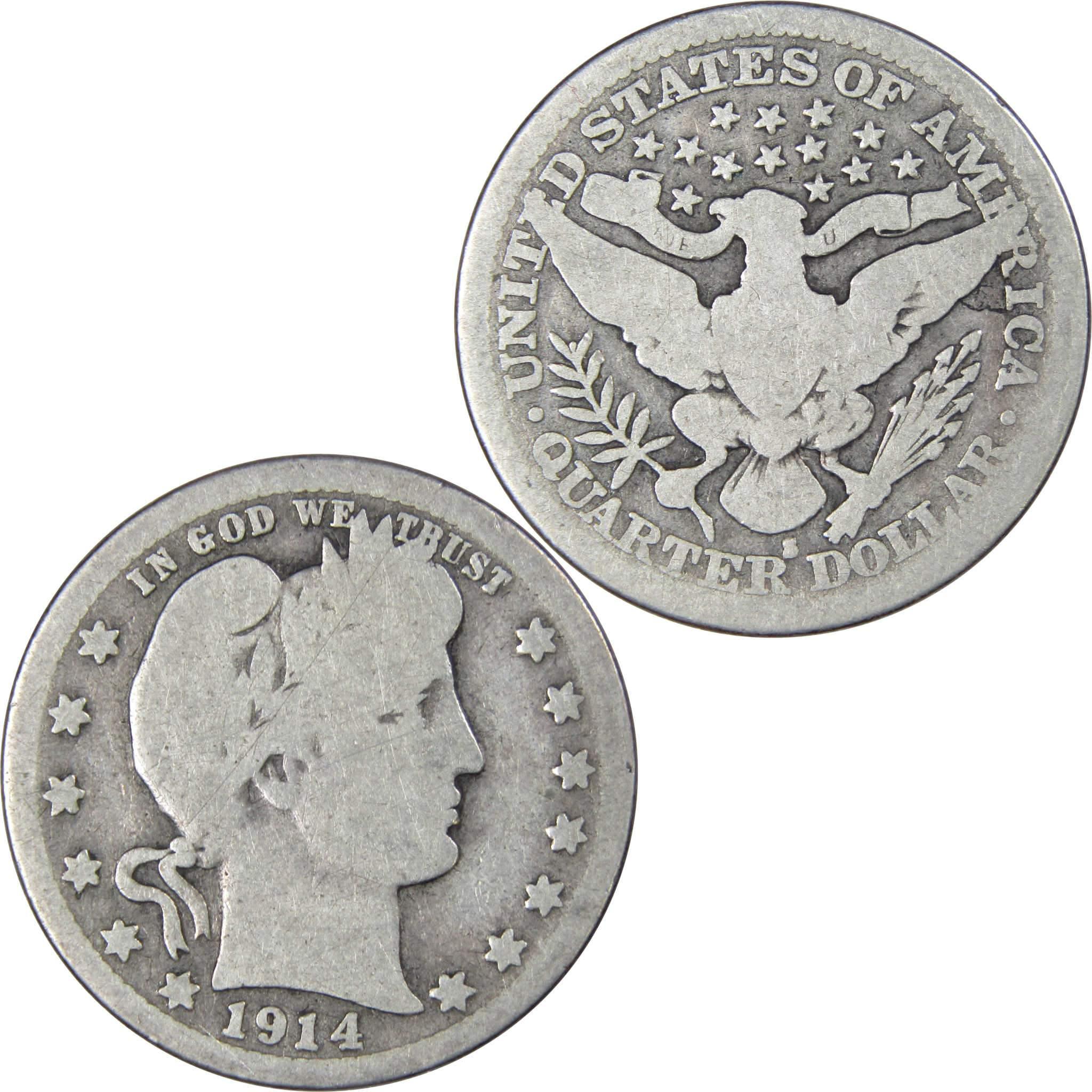 1914 S Barber Quarter G Good 90% Silver 25c US Type Coin SKU:IPC2246