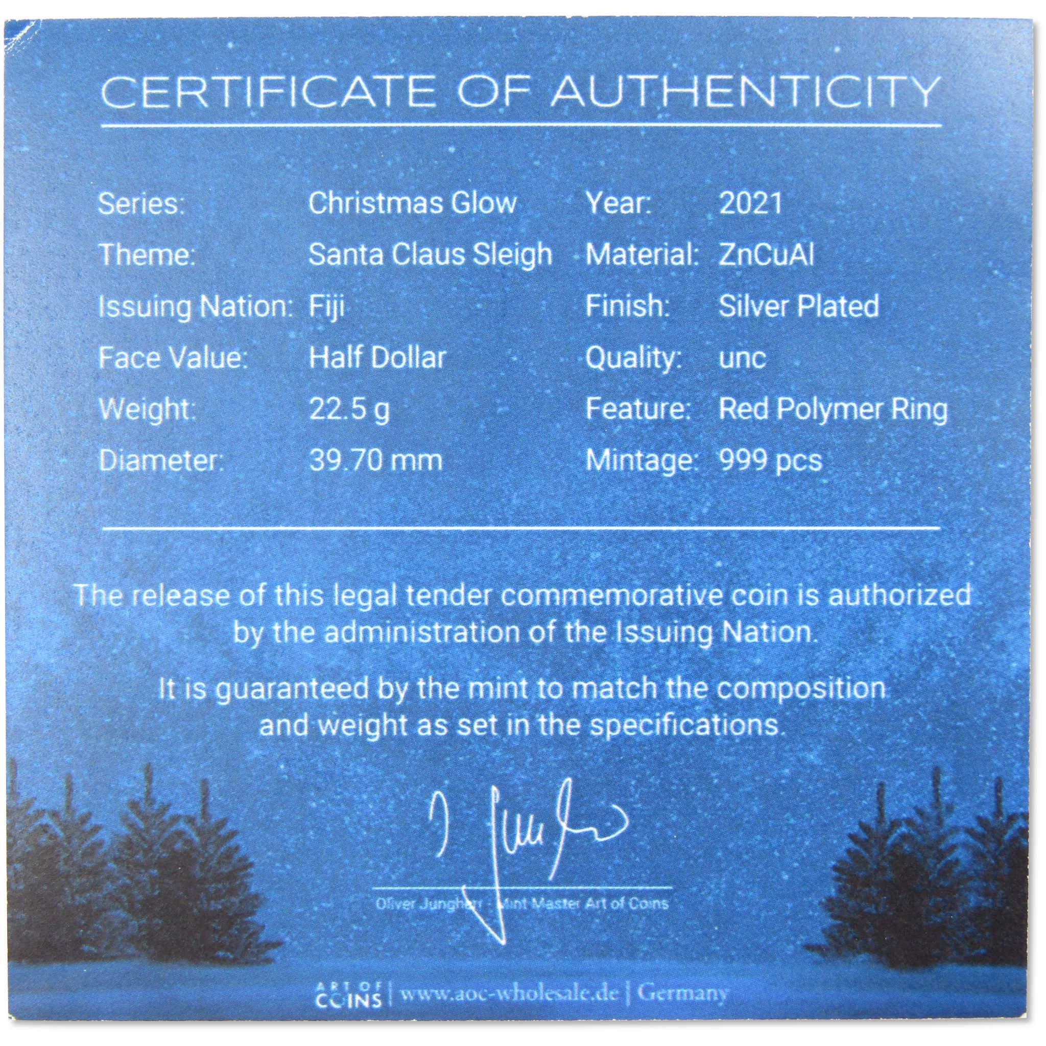 Christmas Glow Santa Claus Sleigh Silver Plated Half Dollar 2021 Fiji COA